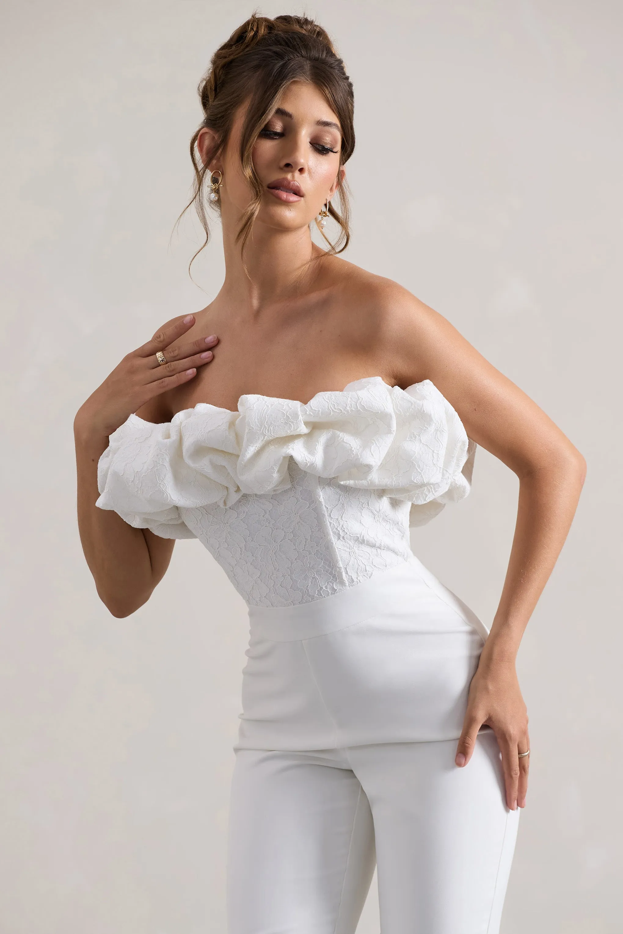 Maddox | White Strapless Ruffled Flared-Leg Jumpsuit Club L London