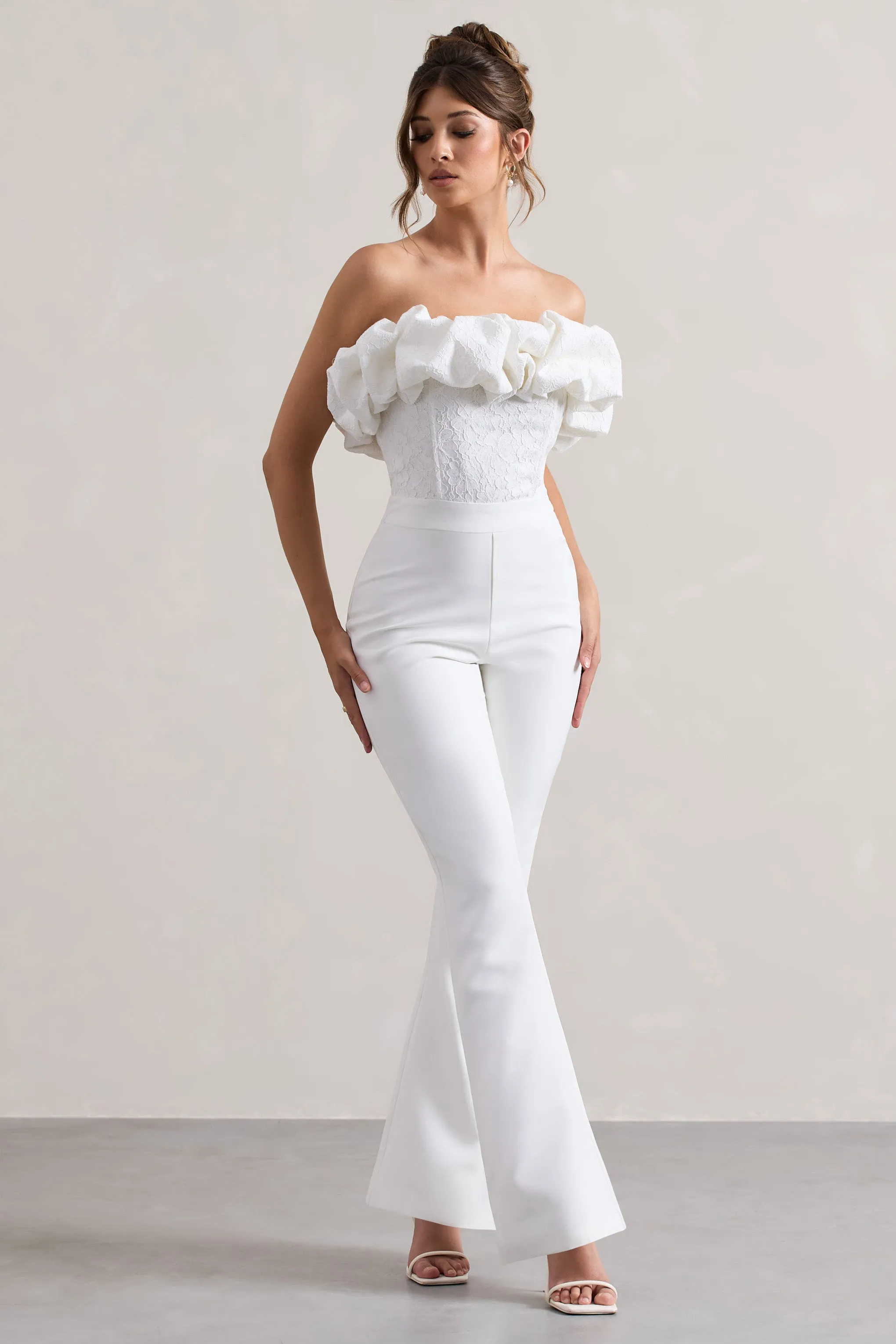 Maddox | White Strapless Ruffled Flared-Leg Jumpsuit Club L London