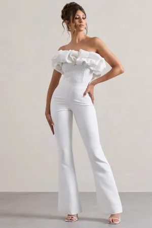 Maddox | White Strapless Ruffled Flared-Leg Jumpsuit Club L London