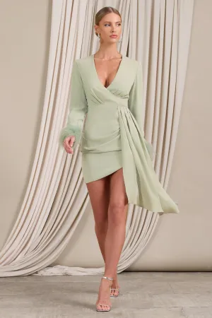 Mae | Mint Wrap Mini Dress With Drape And Feather Cuffs Club L London