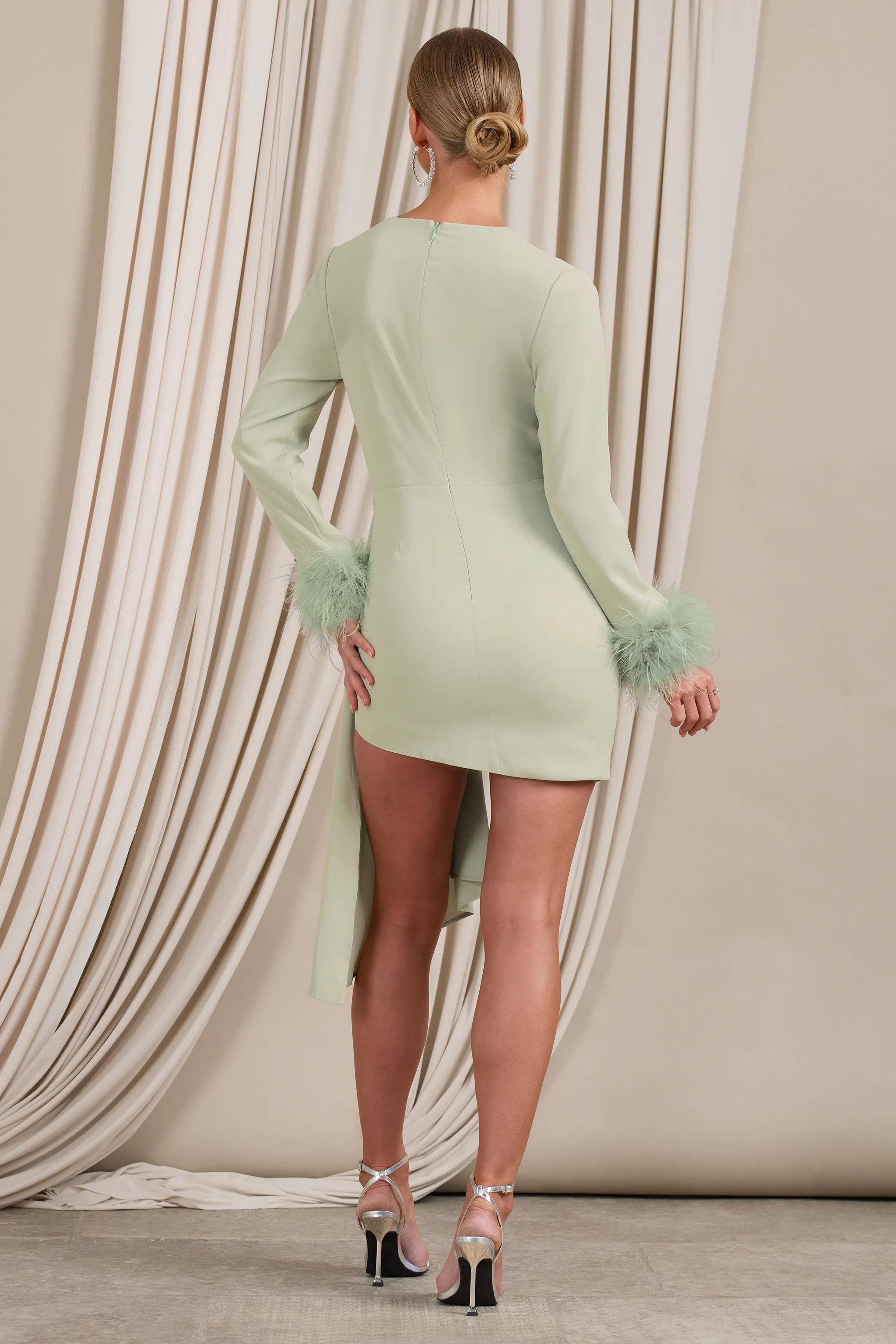 Mae | Mint Wrap Mini Dress With Drape And Feather Cuffs Club L London