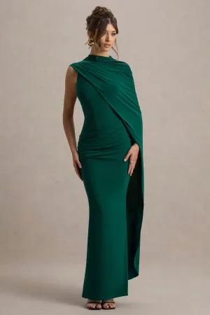 Maeve | Bottle Green Cape-Sleeve Draped Maxi Dress Club L London