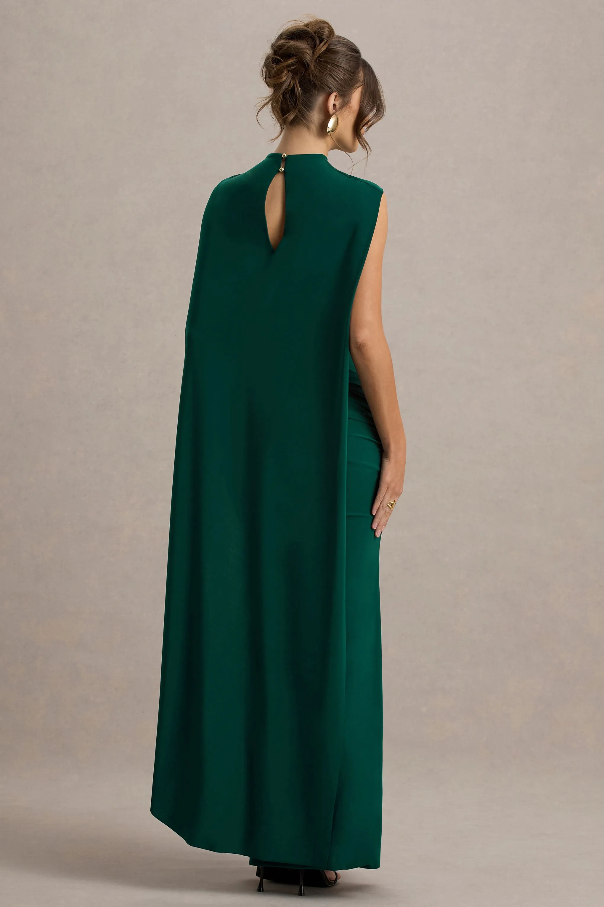 Maeve | Bottle Green Cape-Sleeve Draped Maxi Dress Club L London