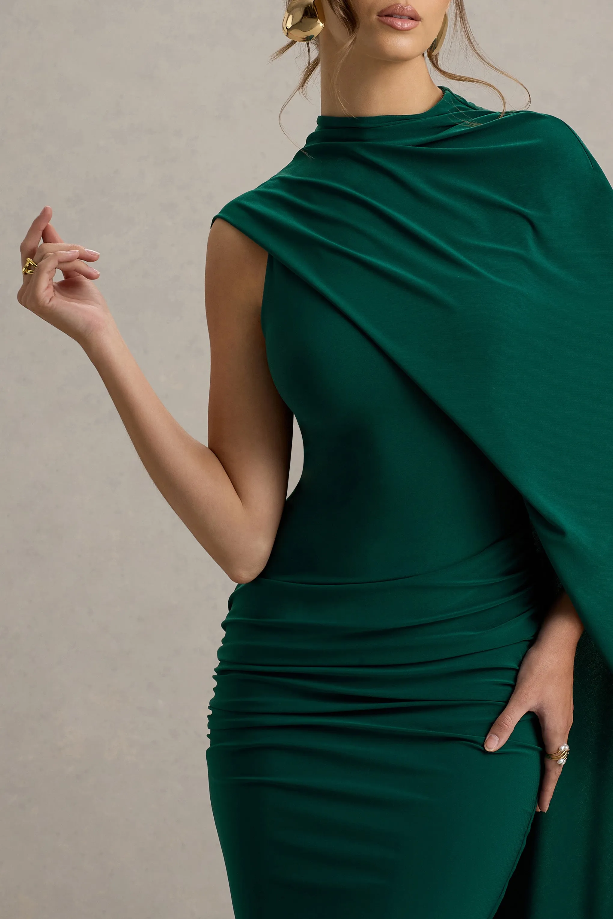 Maeve | Bottle Green Cape-Sleeve Draped Maxi Dress Club L London