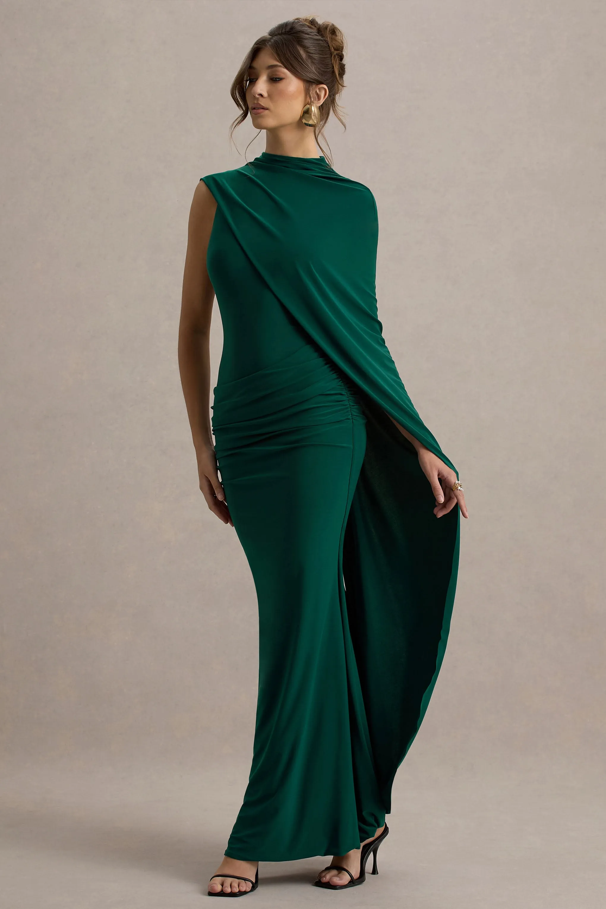 Maeve | Bottle Green Cape-Sleeve Draped Maxi Dress Club L London