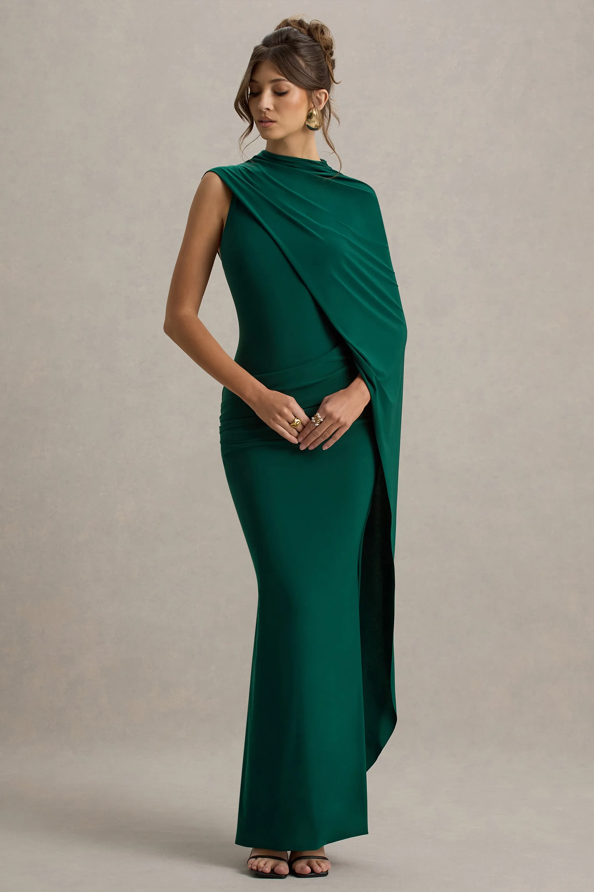 Maeve | Bottle Green Cape-Sleeve Draped Maxi Dress Club L London