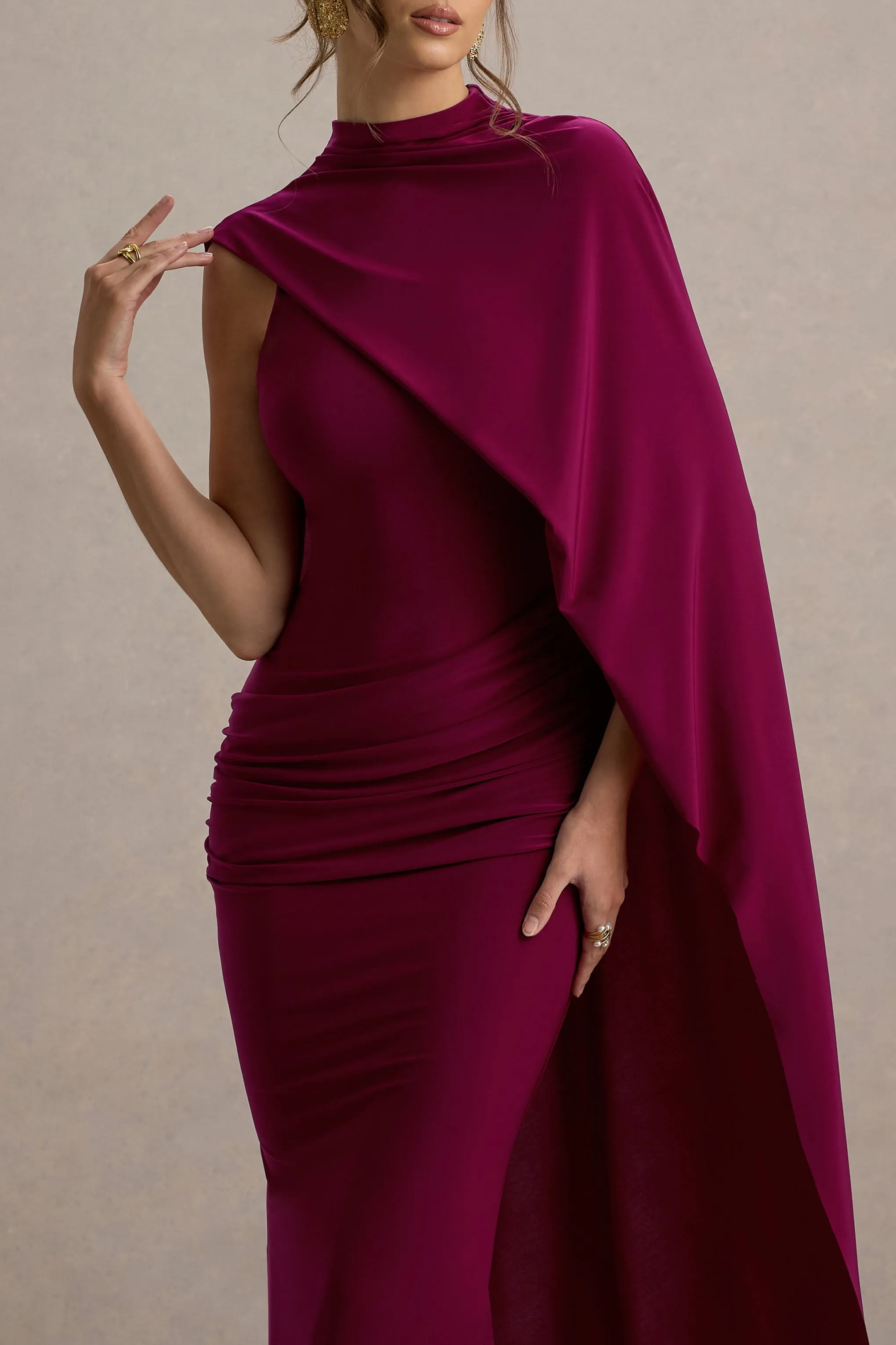 Maeve | Burgundy Cape-Sleeve Draped Maxi Dress Club L London