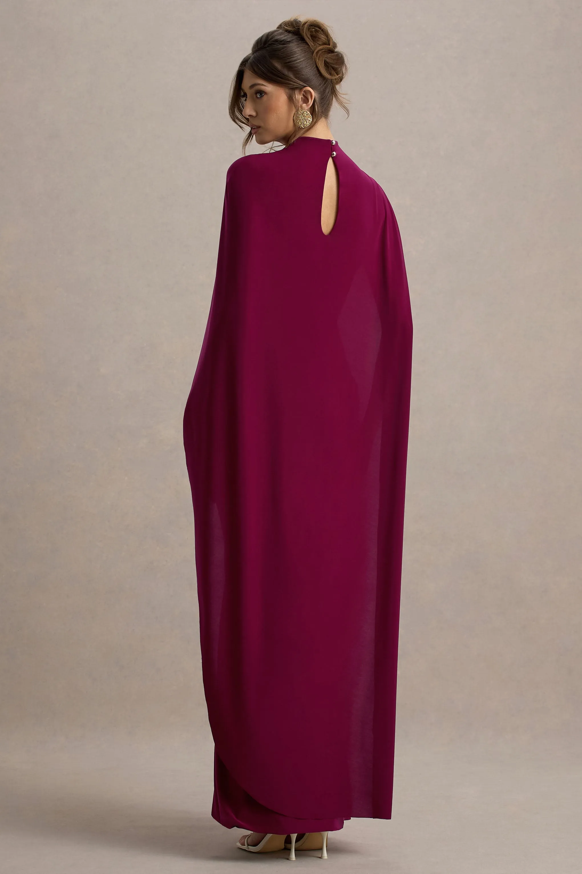 Maeve | Burgundy Cape-Sleeve Draped Maxi Dress Club L London