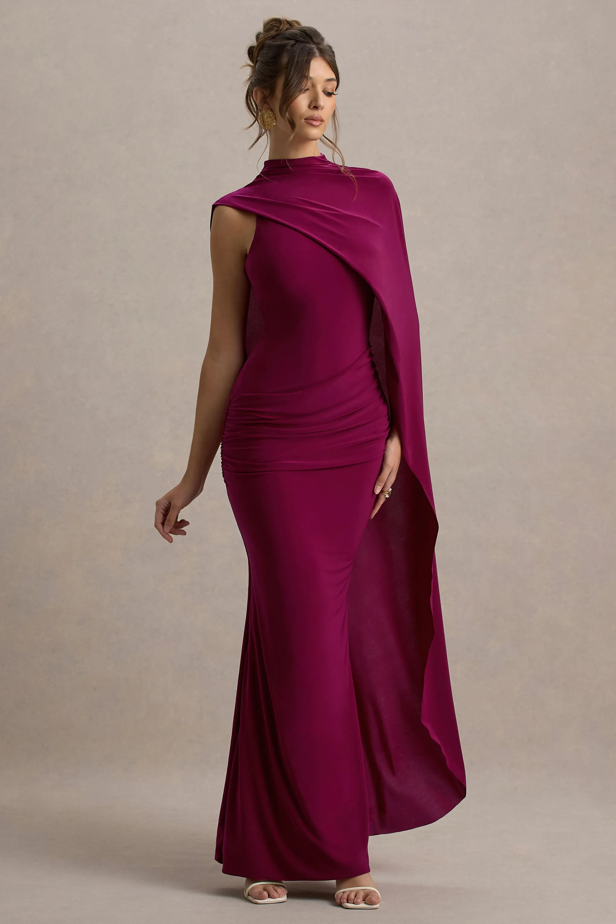 Maeve | Burgundy Cape-Sleeve Draped Maxi Dress Club L London