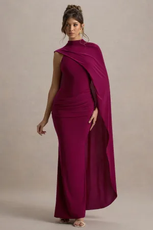 Maeve | Burgundy Cape-Sleeve Draped Maxi Dress Club L London