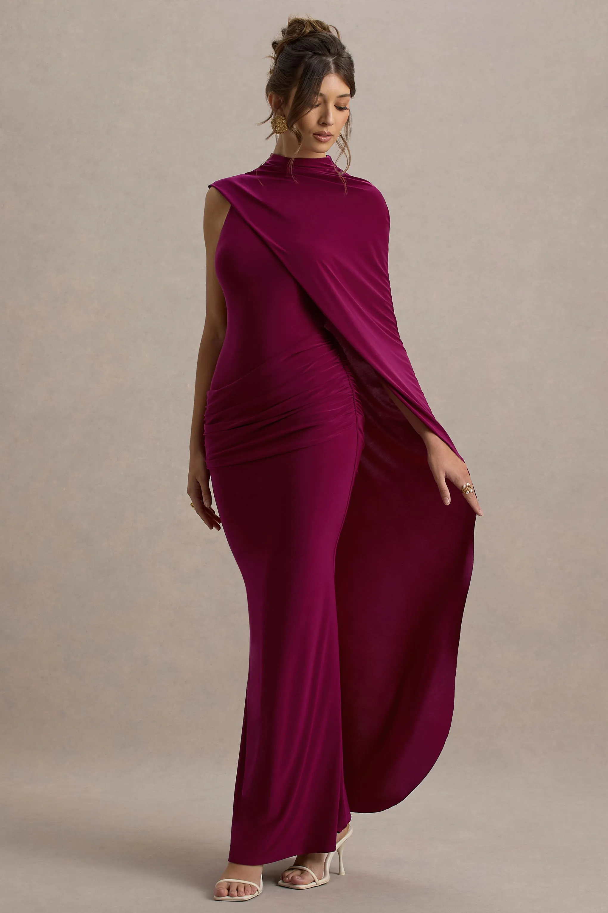 Maeve | Burgundy Cape-Sleeve Draped Maxi Dress Club L London