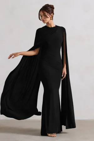 Magdelena | Black Asymmetric Cape Maxi Dress Club L London