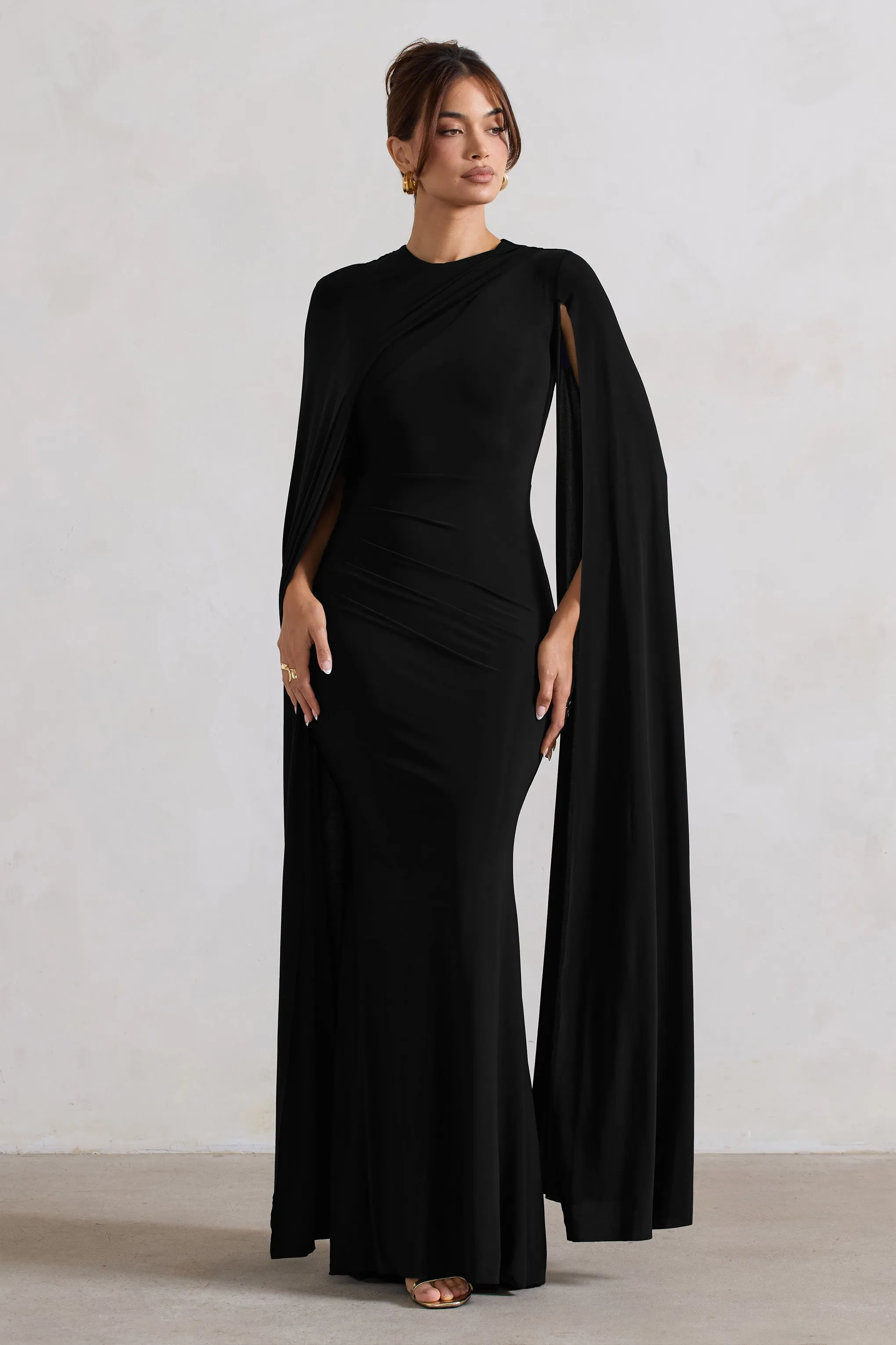 Magdelena | Black Asymmetric Cape Maxi Dress Club L London