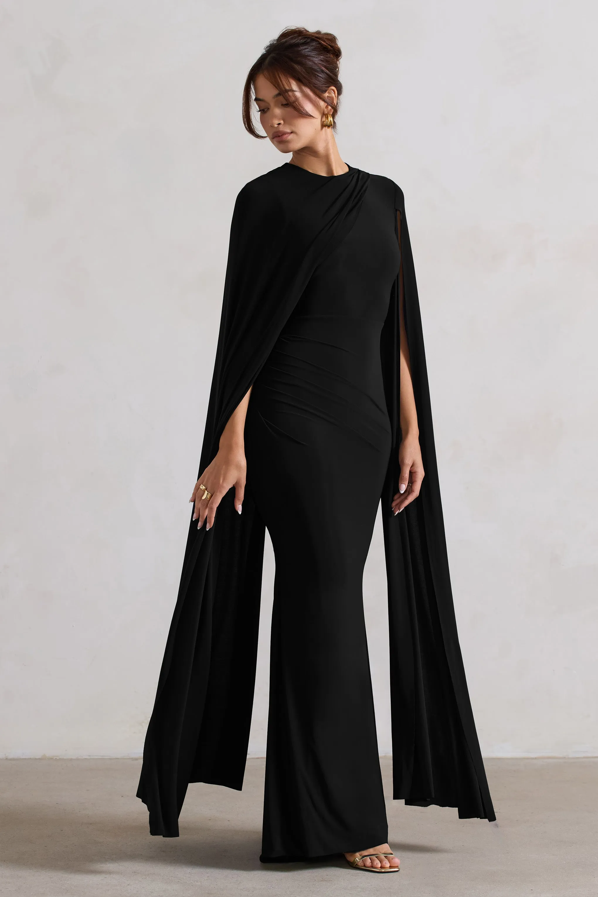 Magdelena | Black Asymmetric Cape Maxi Dress Club L London