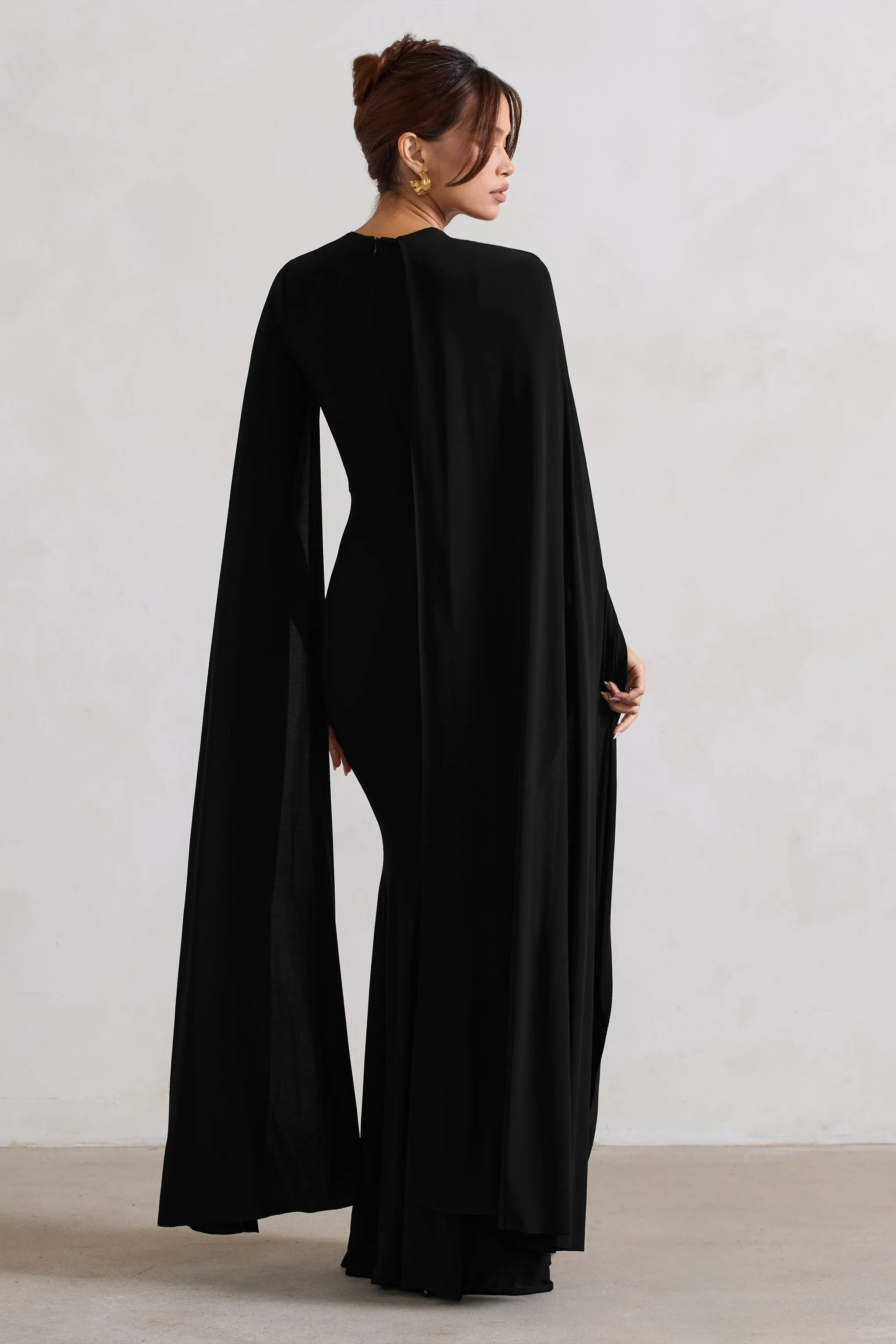 Magdelena | Black Asymmetric Cape Maxi Dress Club L London