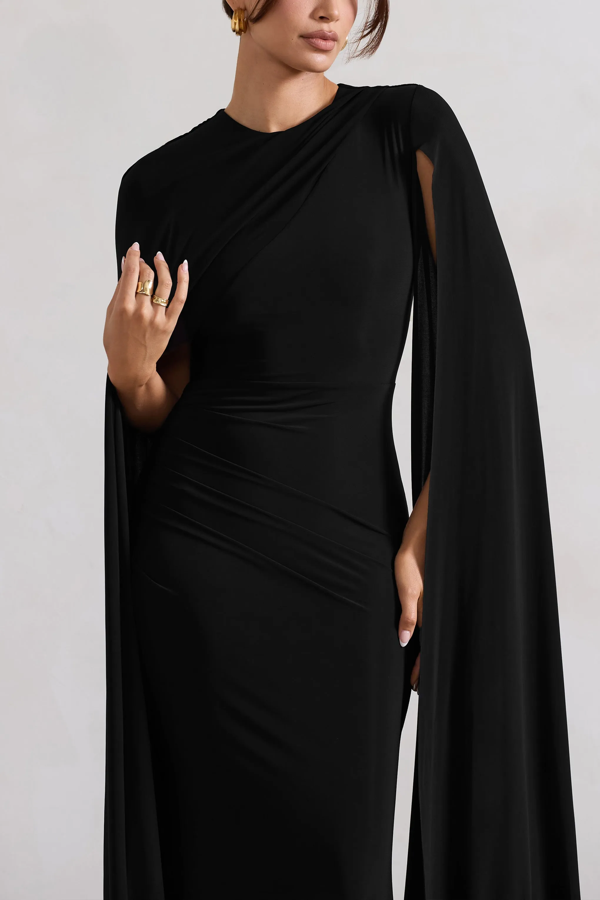 Magdelena | Black Asymmetric Cape Maxi Dress Club L London