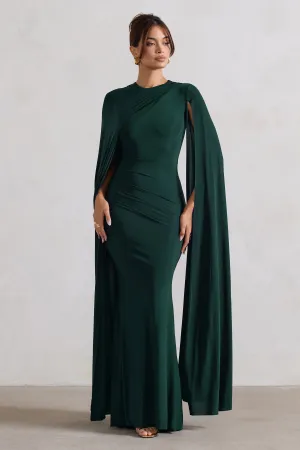 Magdelena | Bottle Green Asymmetric Cape Maxi Dress Club L London