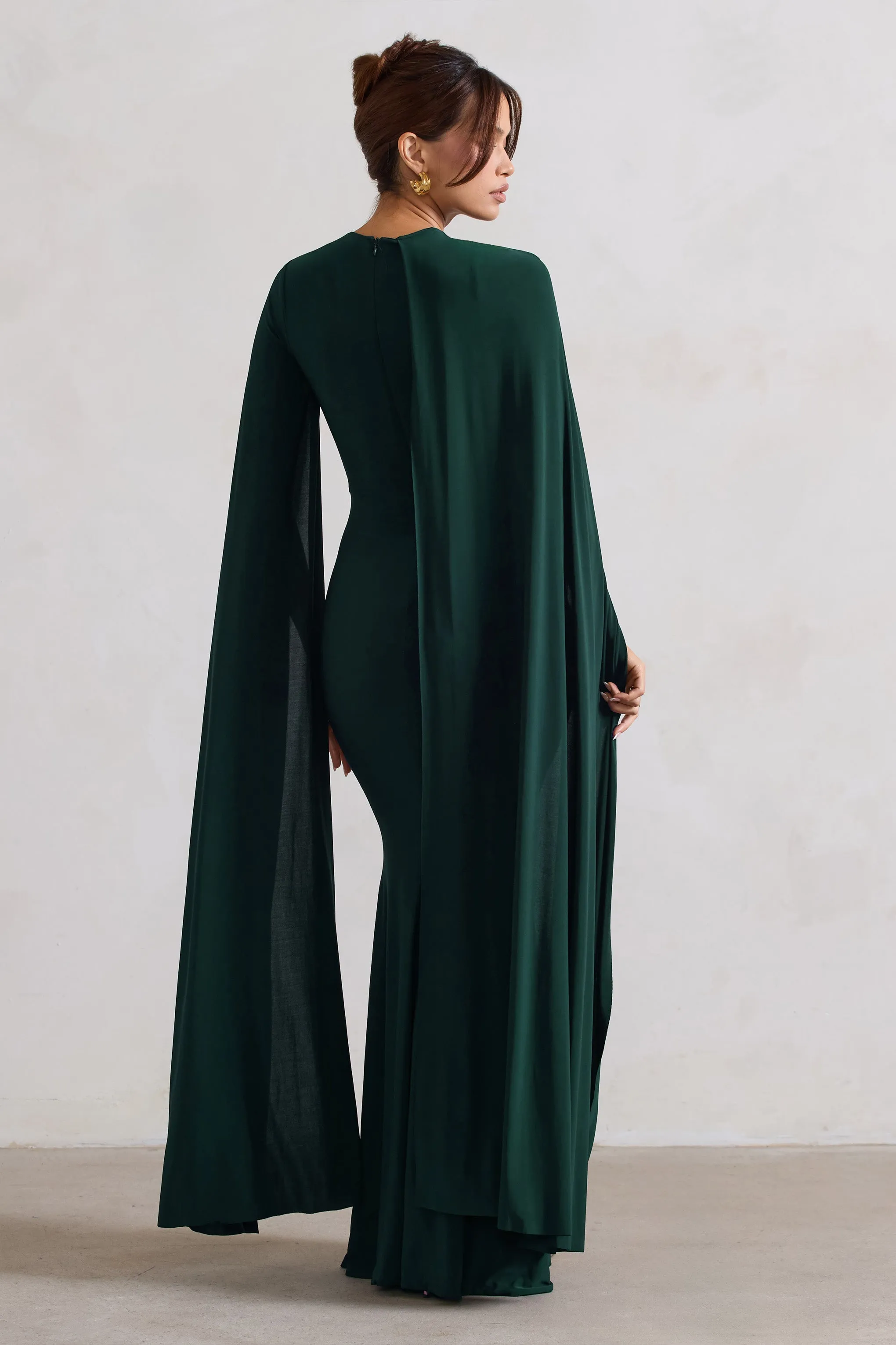 Magdelena | Bottle Green Asymmetric Cape Maxi Dress Club L London