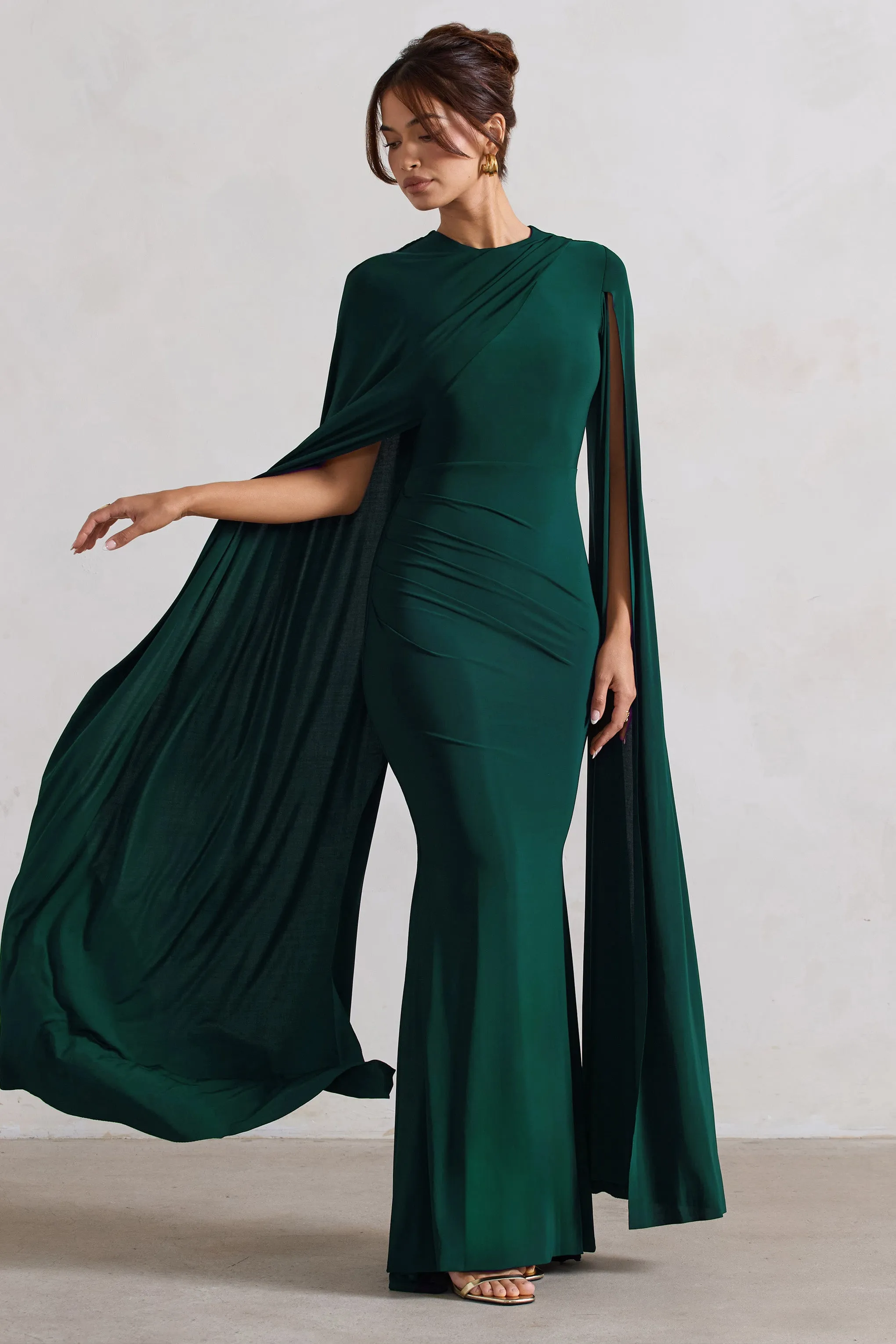 Magdelena | Bottle Green Asymmetric Cape Maxi Dress Club L London