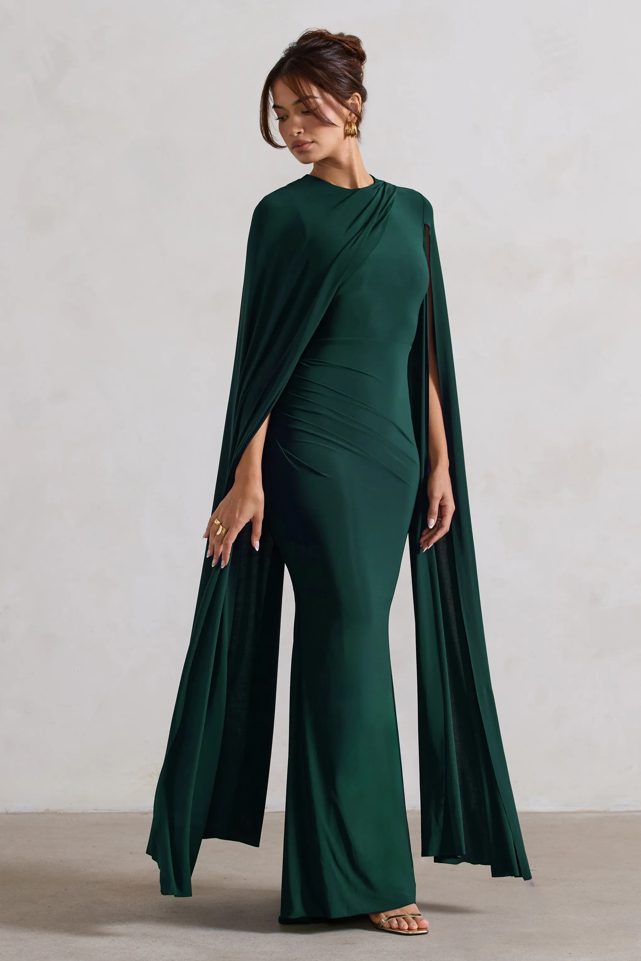 Magdelena | Bottle Green Asymmetric Cape Maxi Dress Club L London
