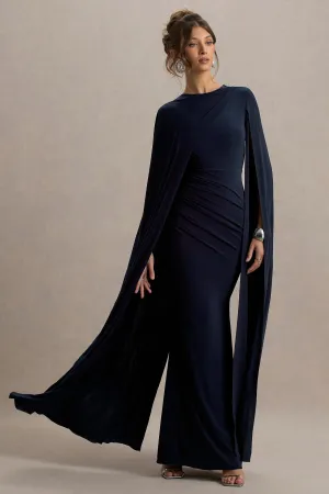 Magdelena | Navy Asymmetric Cape Maxi Dress Club L London