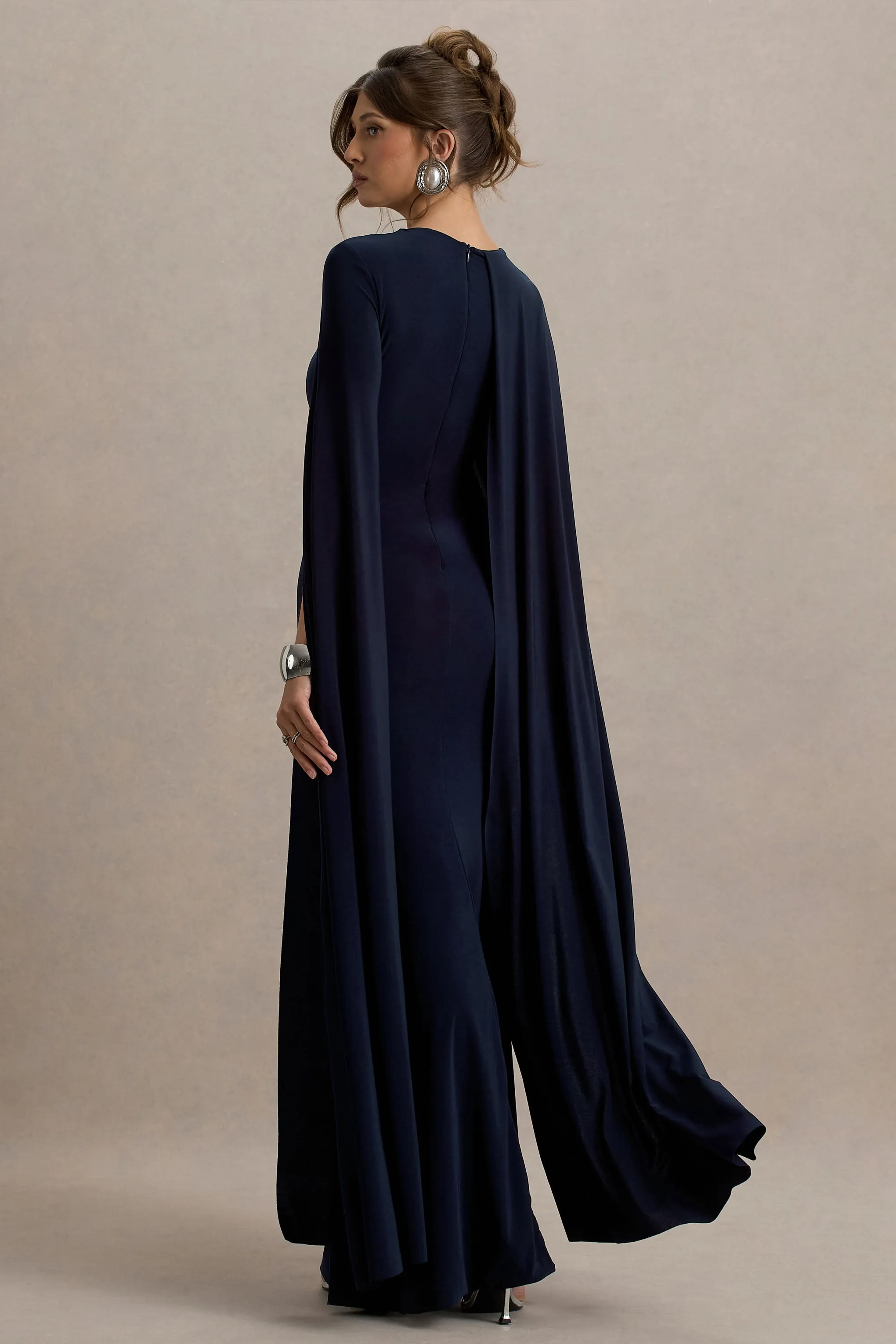 Magdelena | Navy Asymmetric Cape Maxi Dress Club L London
