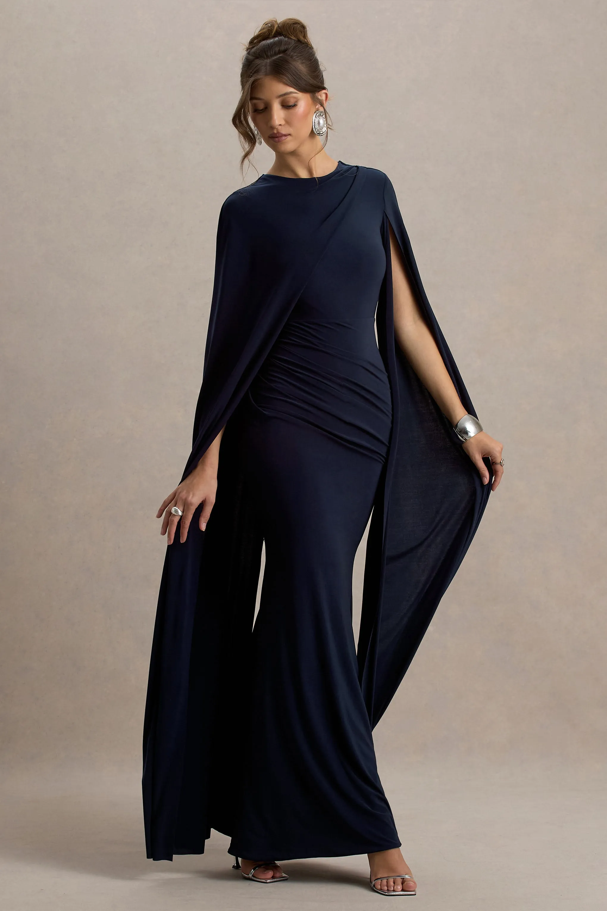 Magdelena | Navy Asymmetric Cape Maxi Dress Club L London