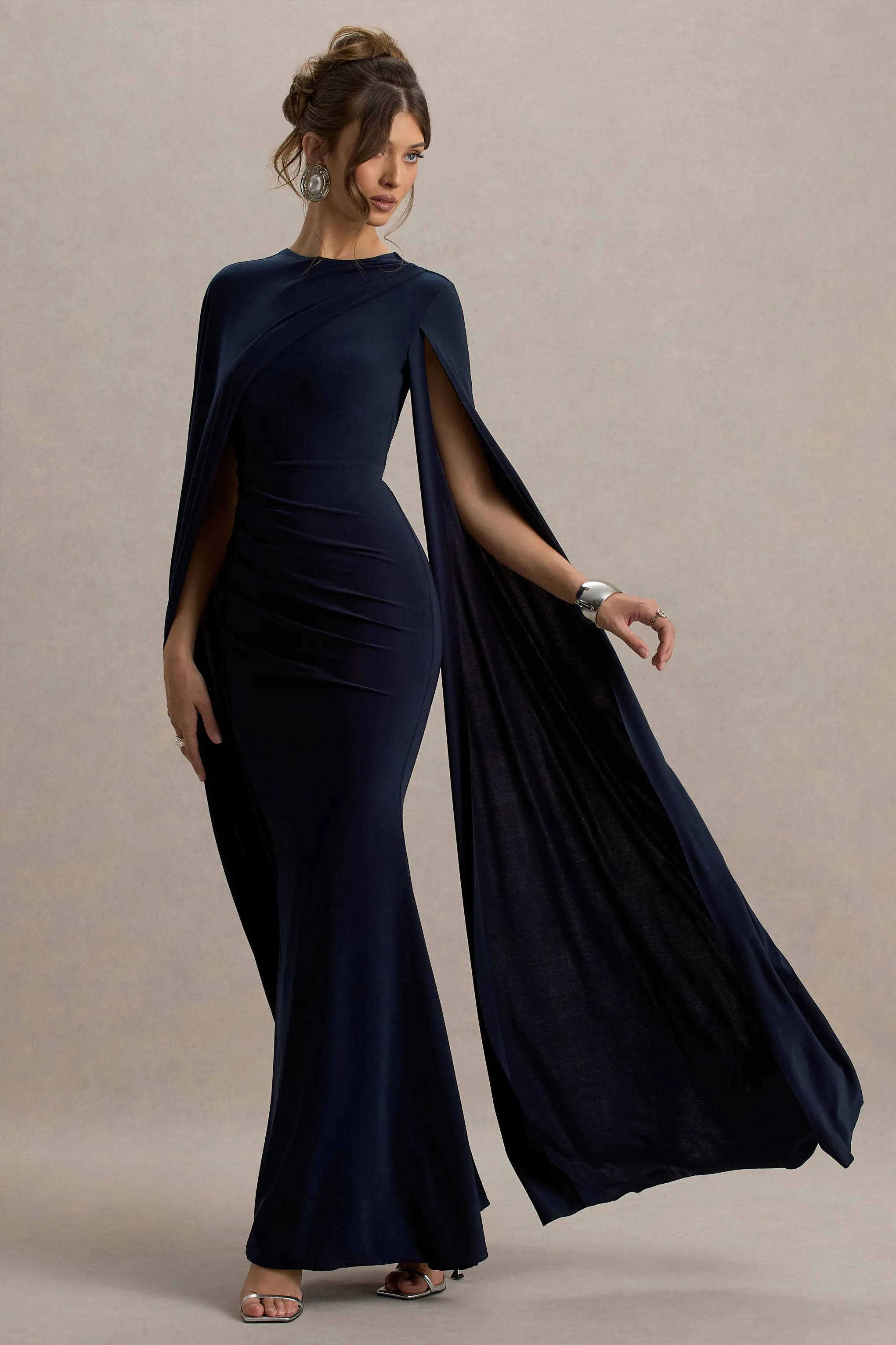 Magdelena | Navy Asymmetric Cape Maxi Dress Club L London