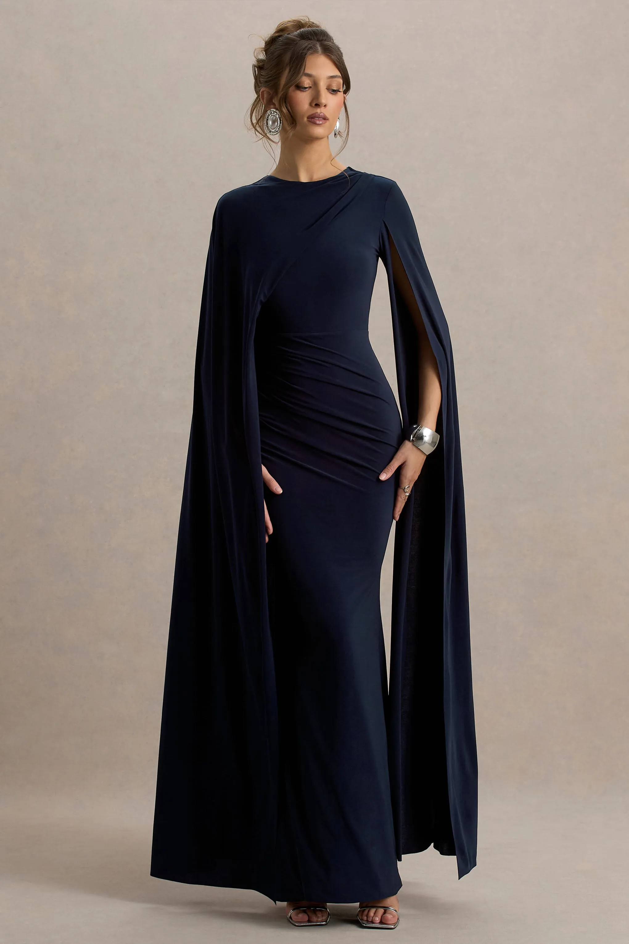 Magdelena | Navy Asymmetric Cape Maxi Dress Club L London