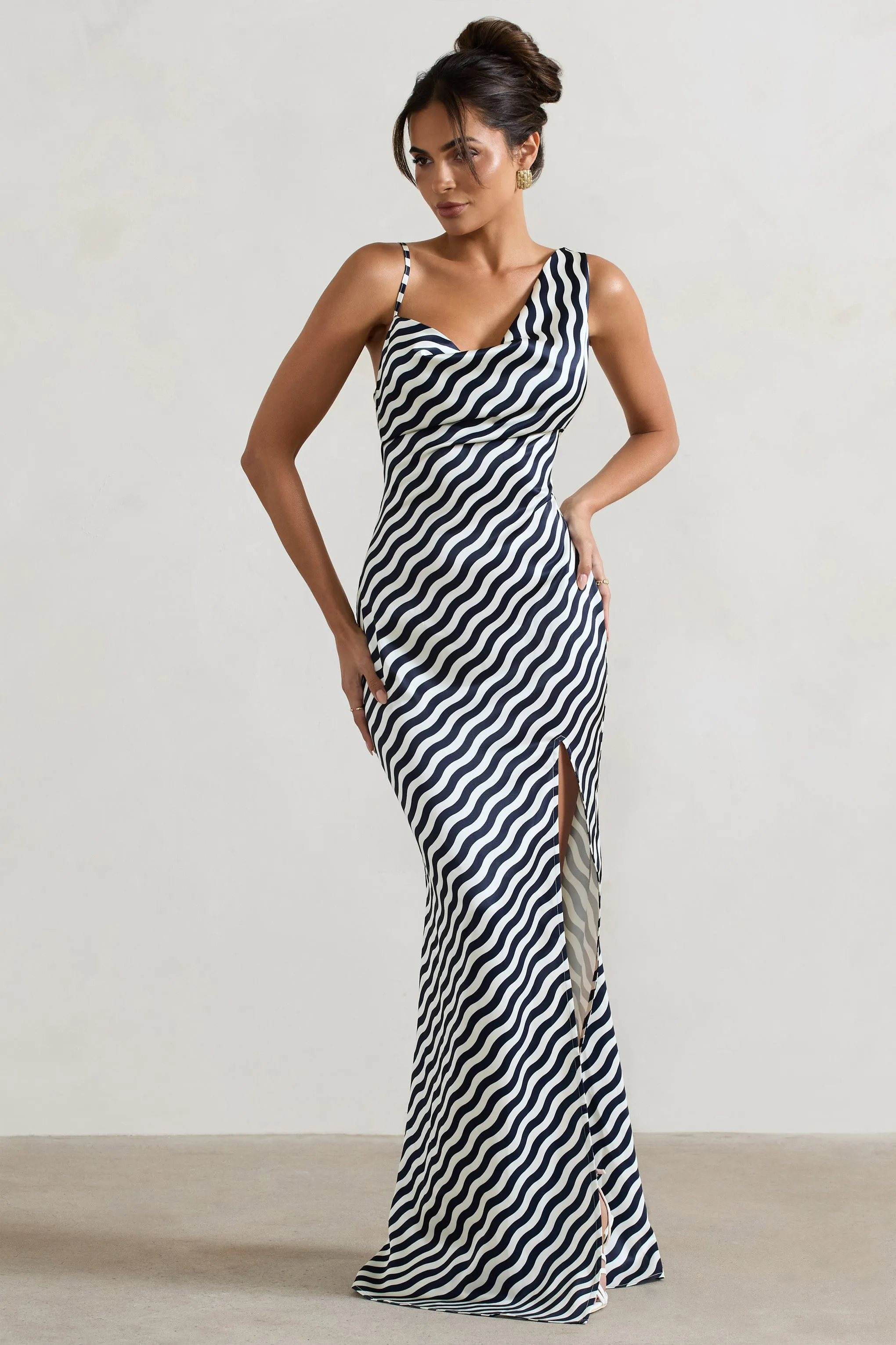 Magnetic | Navy Wave Print Cowl-Neck Split Maxi Dress Club L London