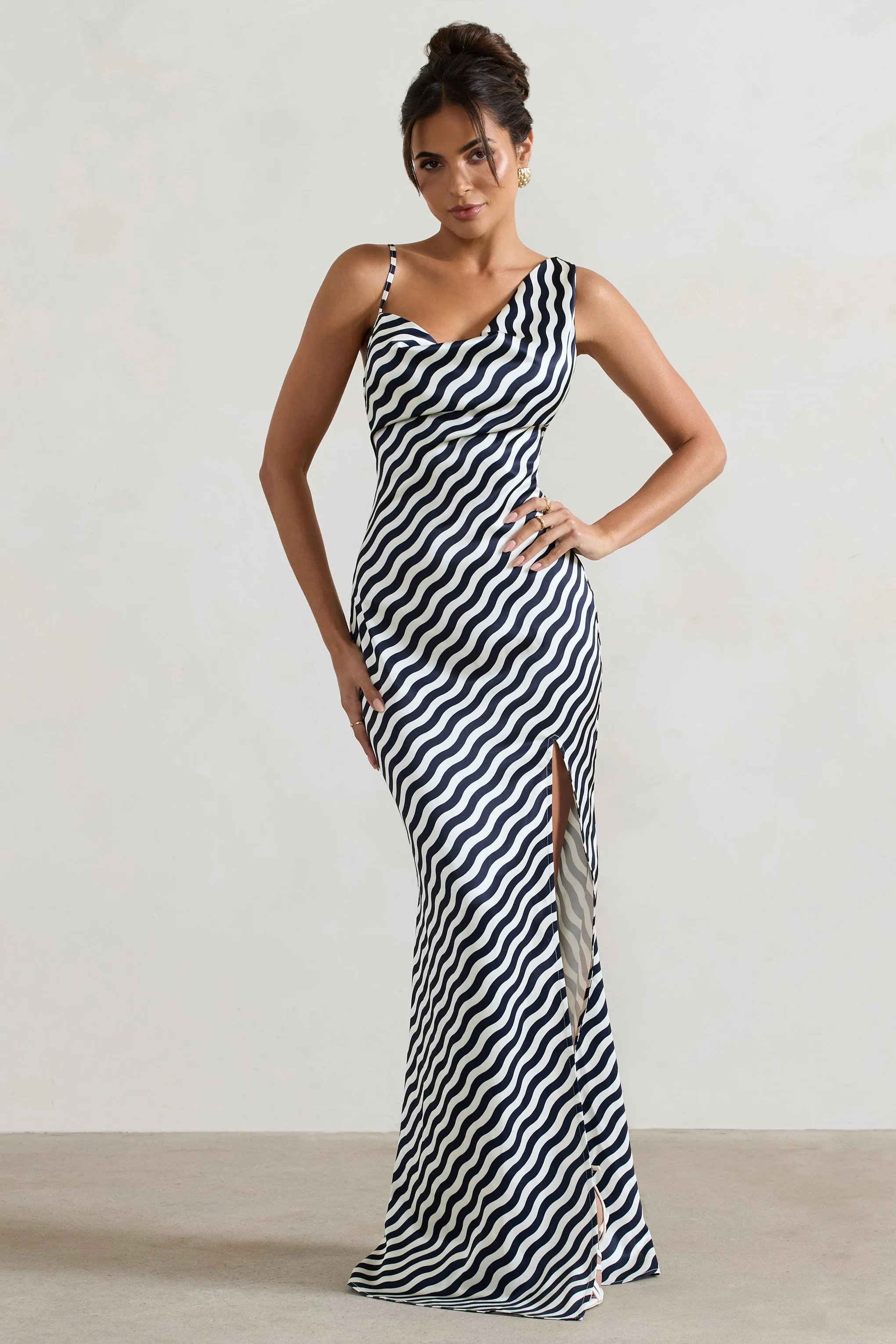Magnetic | Navy Wave Print Cowl-Neck Split Maxi Dress Club L London