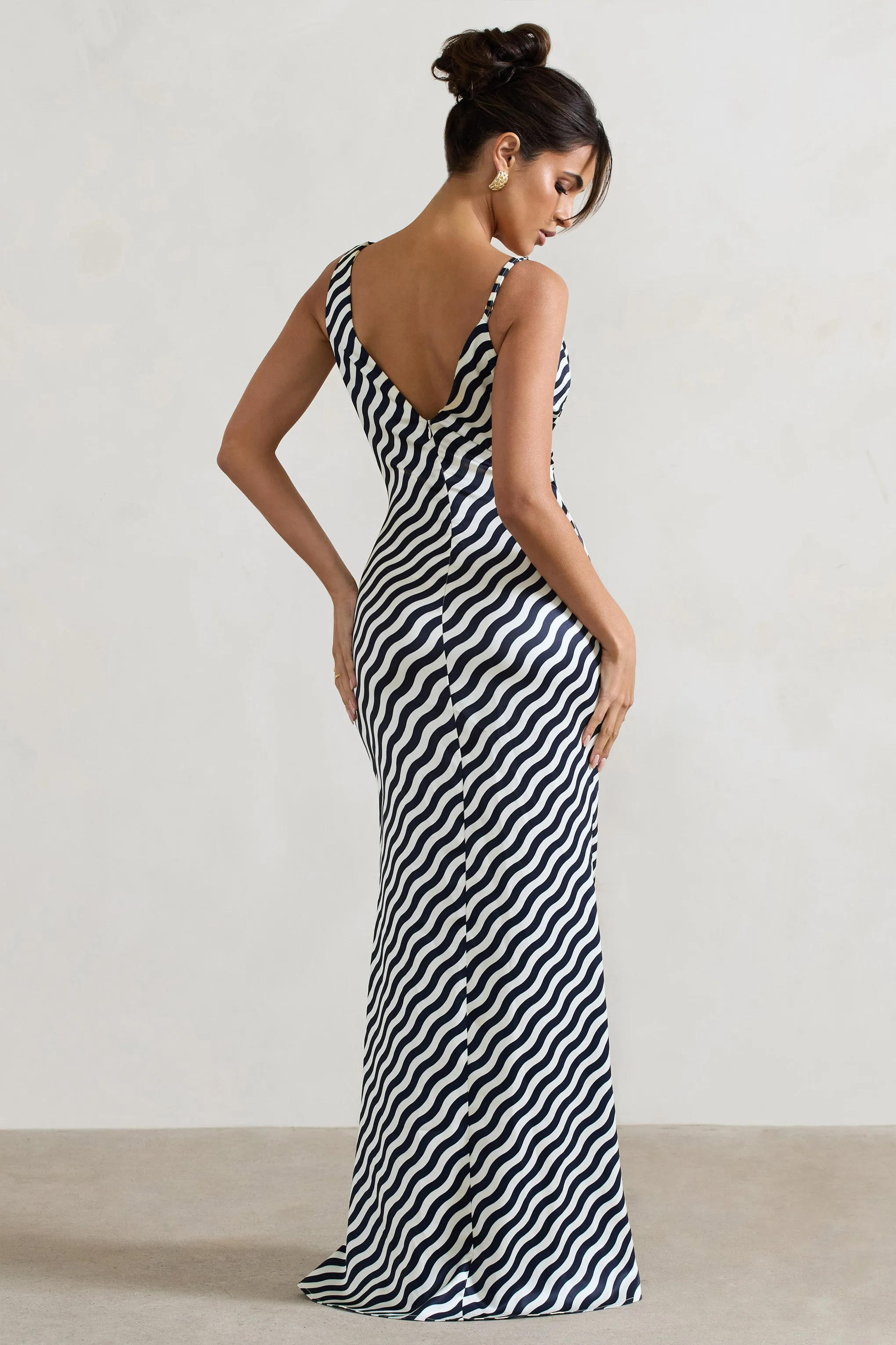 Magnetic | Navy Wave Print Cowl-Neck Split Maxi Dress Club L London