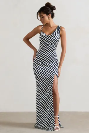 Magnetic | Navy Wave Print Cowl-Neck Split Maxi Dress Club L London