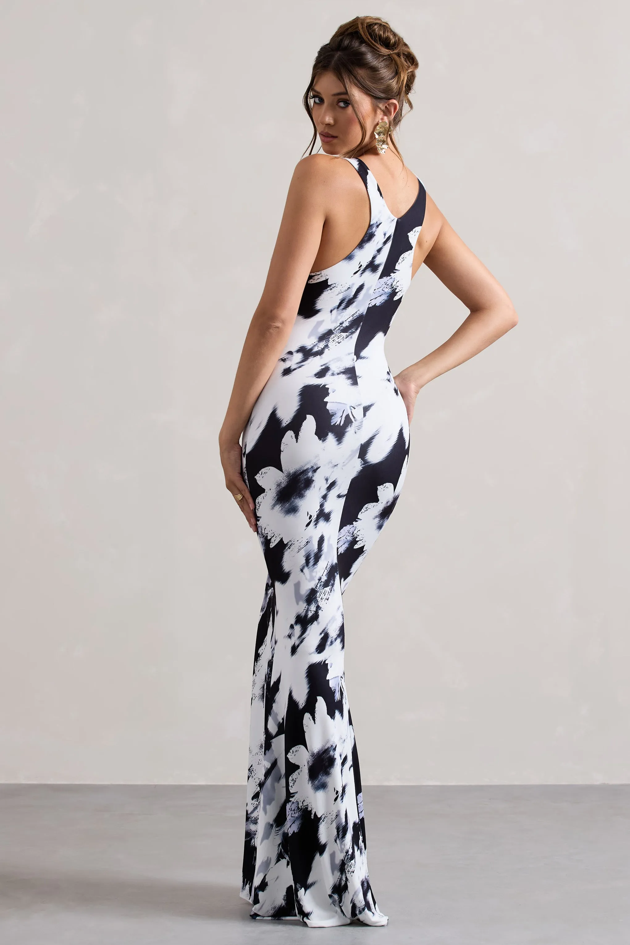 Mahina | Monochrome Floral Print Square-Neck Maxi Dress Club L London