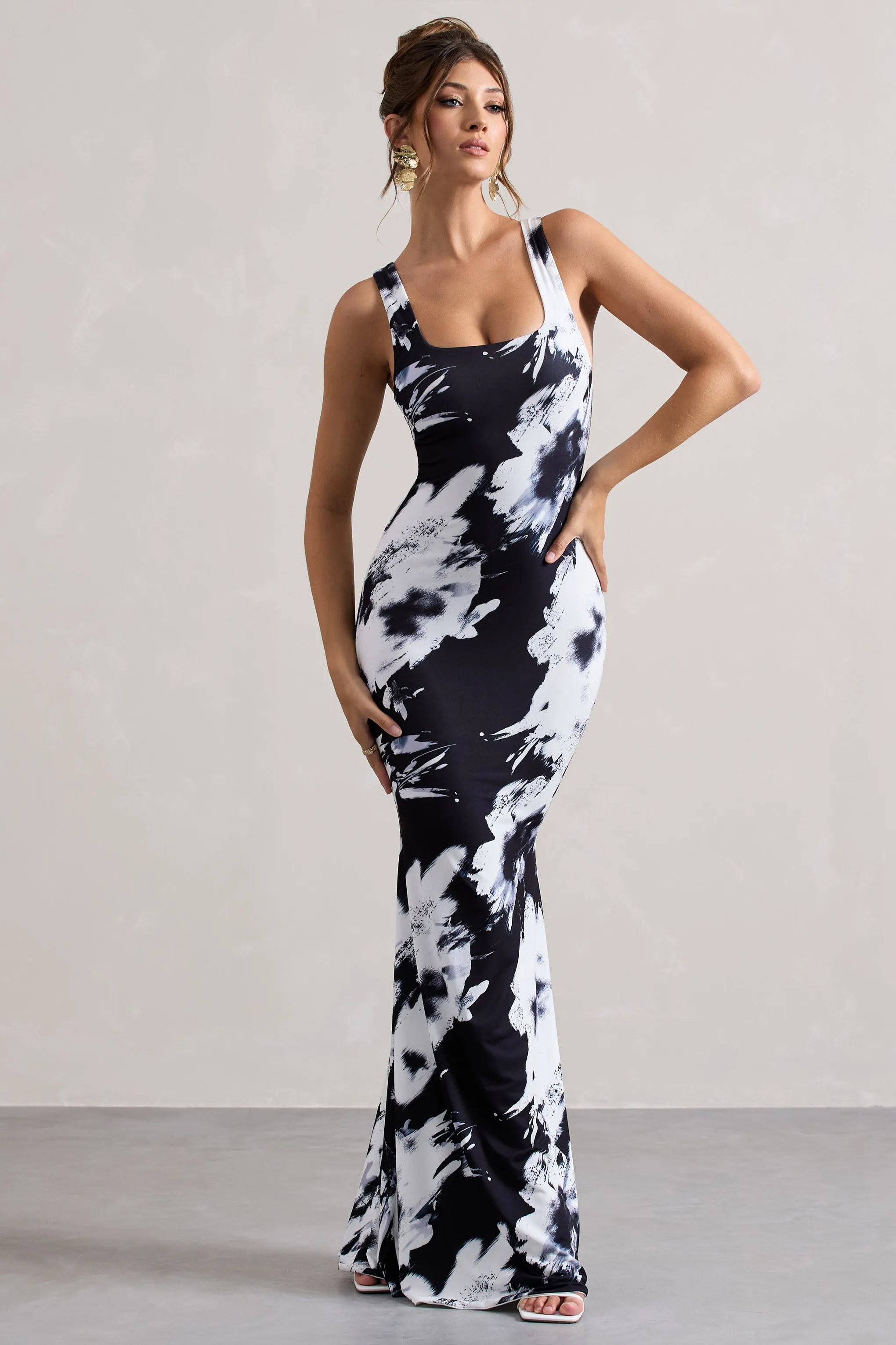 Mahina | Monochrome Floral Print Square-Neck Maxi Dress Club L London