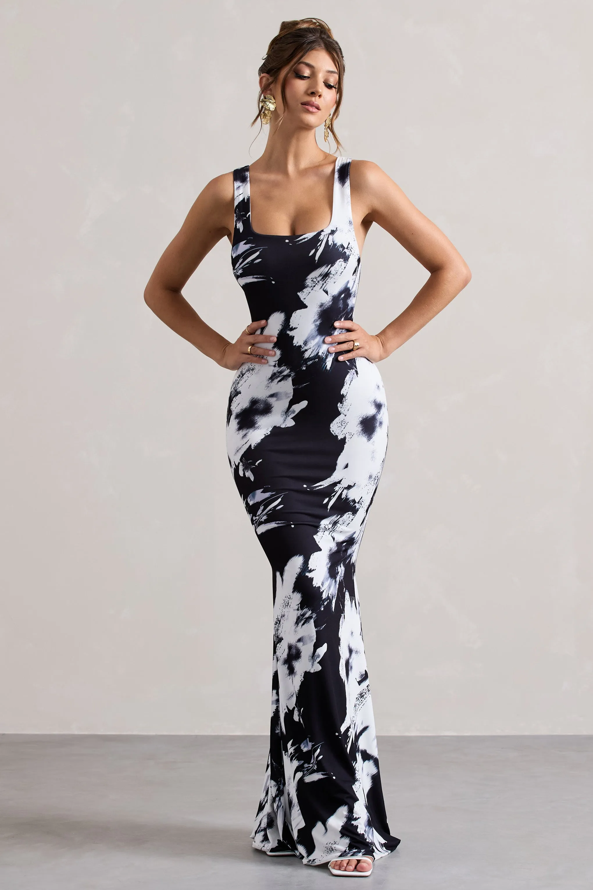 Mahina | Monochrome Floral Print Square-Neck Maxi Dress Club L London