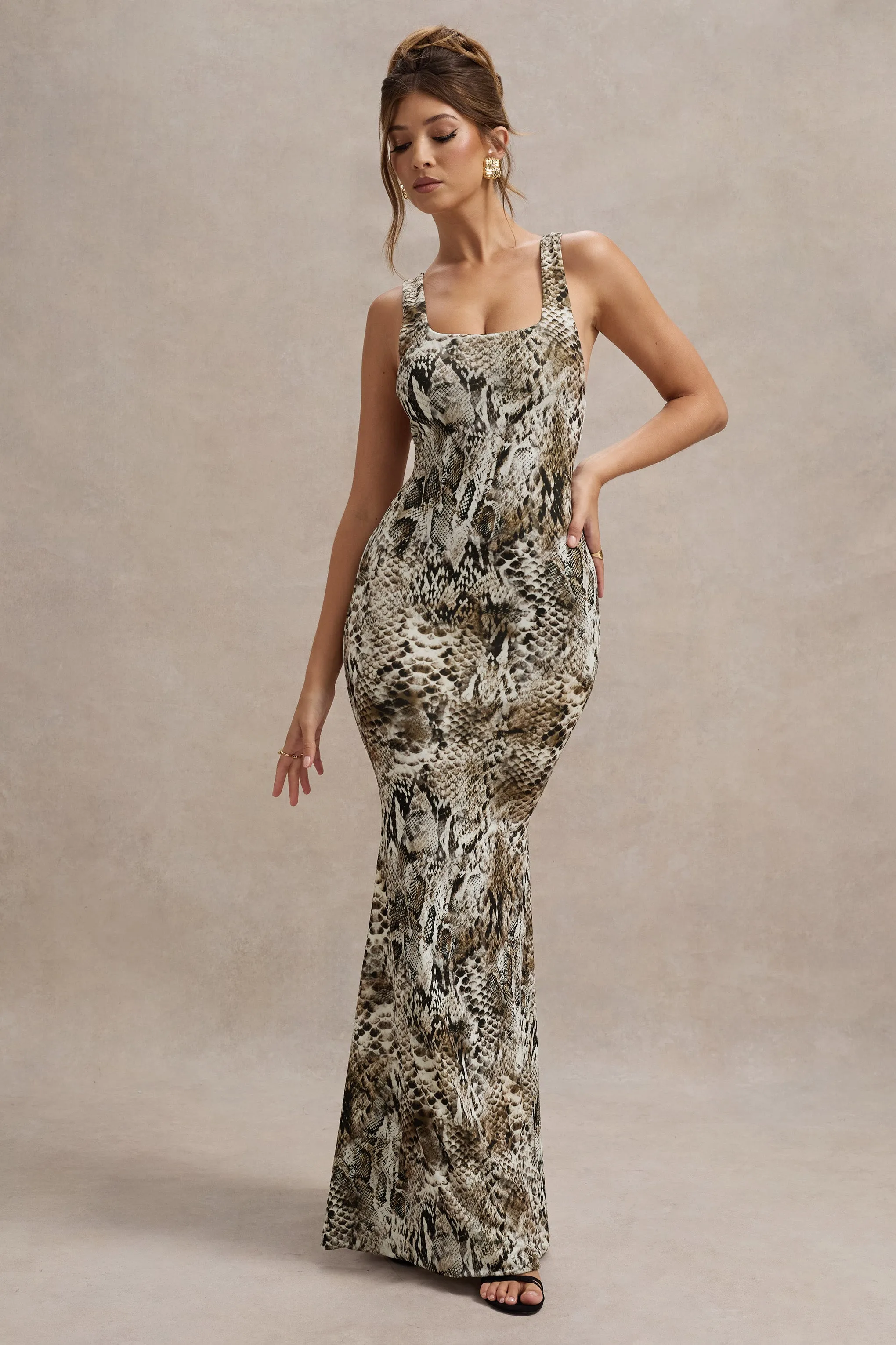 Mahina | Snake Print Square-Neck Maxi Dress Club L London