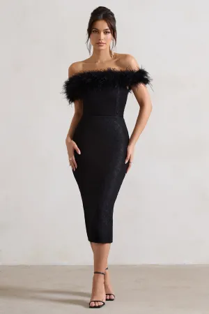 Maiden | Black Lace Bardot Midi Dress With Feather Trim Club L London