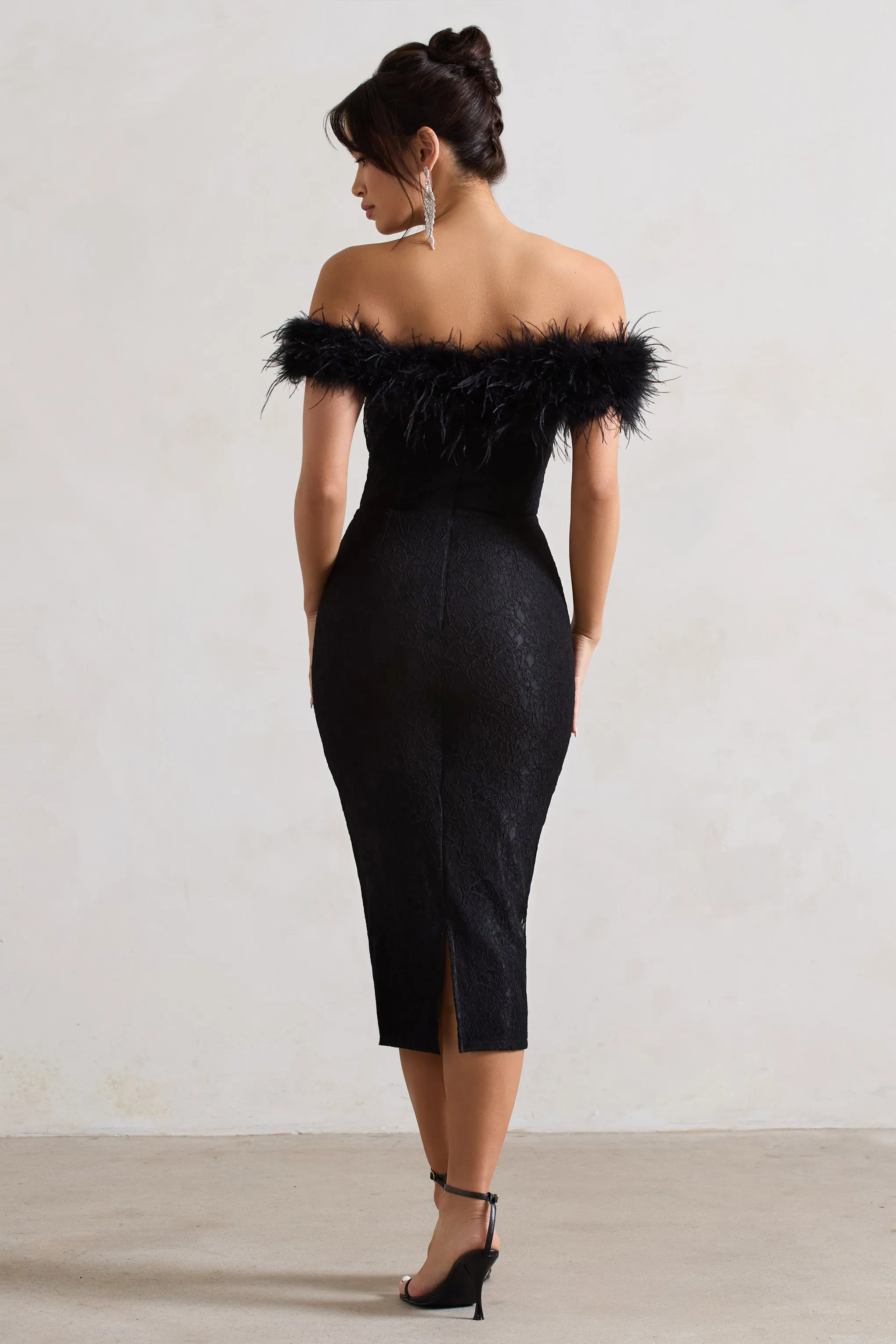 Maiden | Black Lace Bardot Midi Dress With Feather Trim Club L London