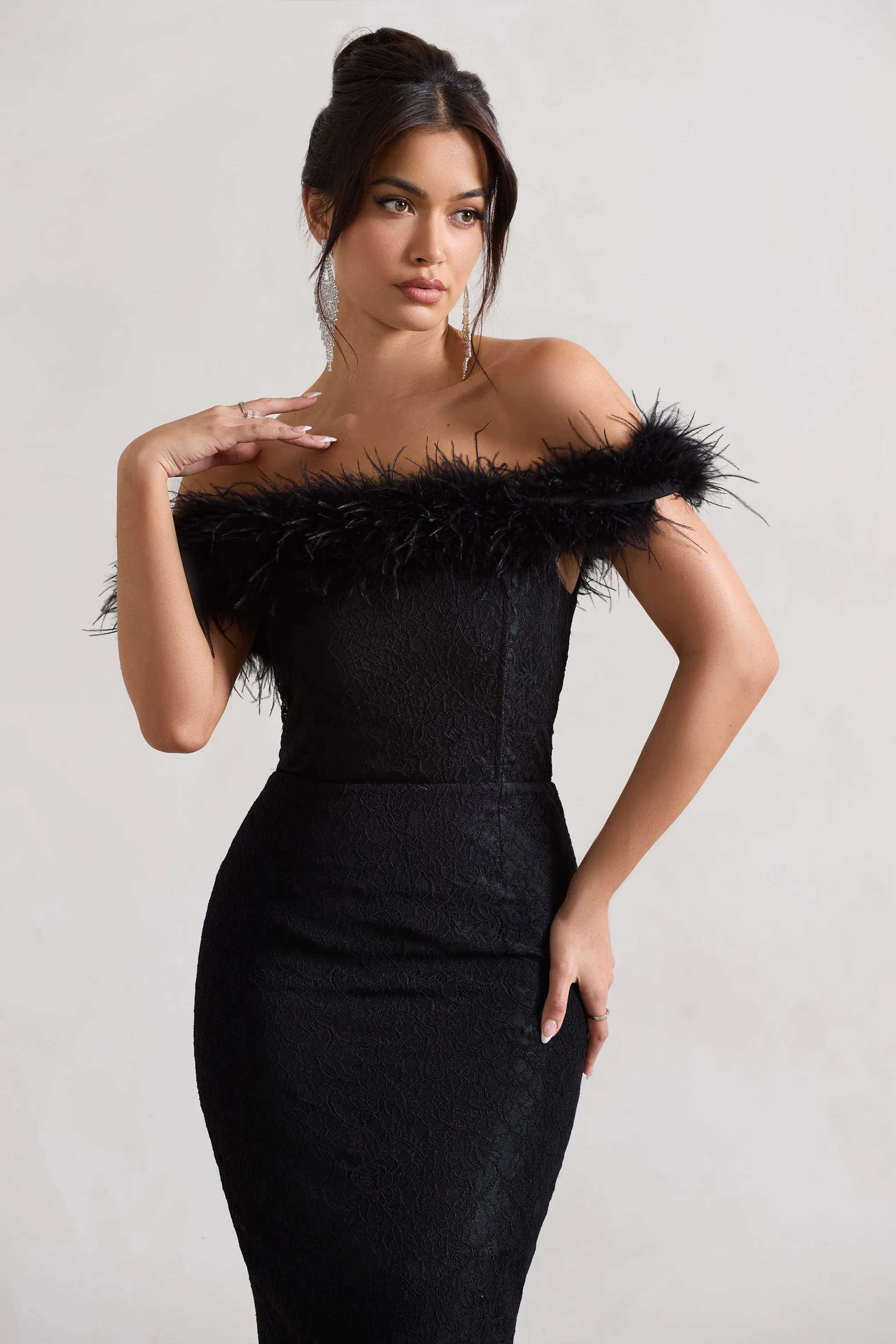 Maiden | Black Lace Bardot Midi Dress With Feather Trim Club L London