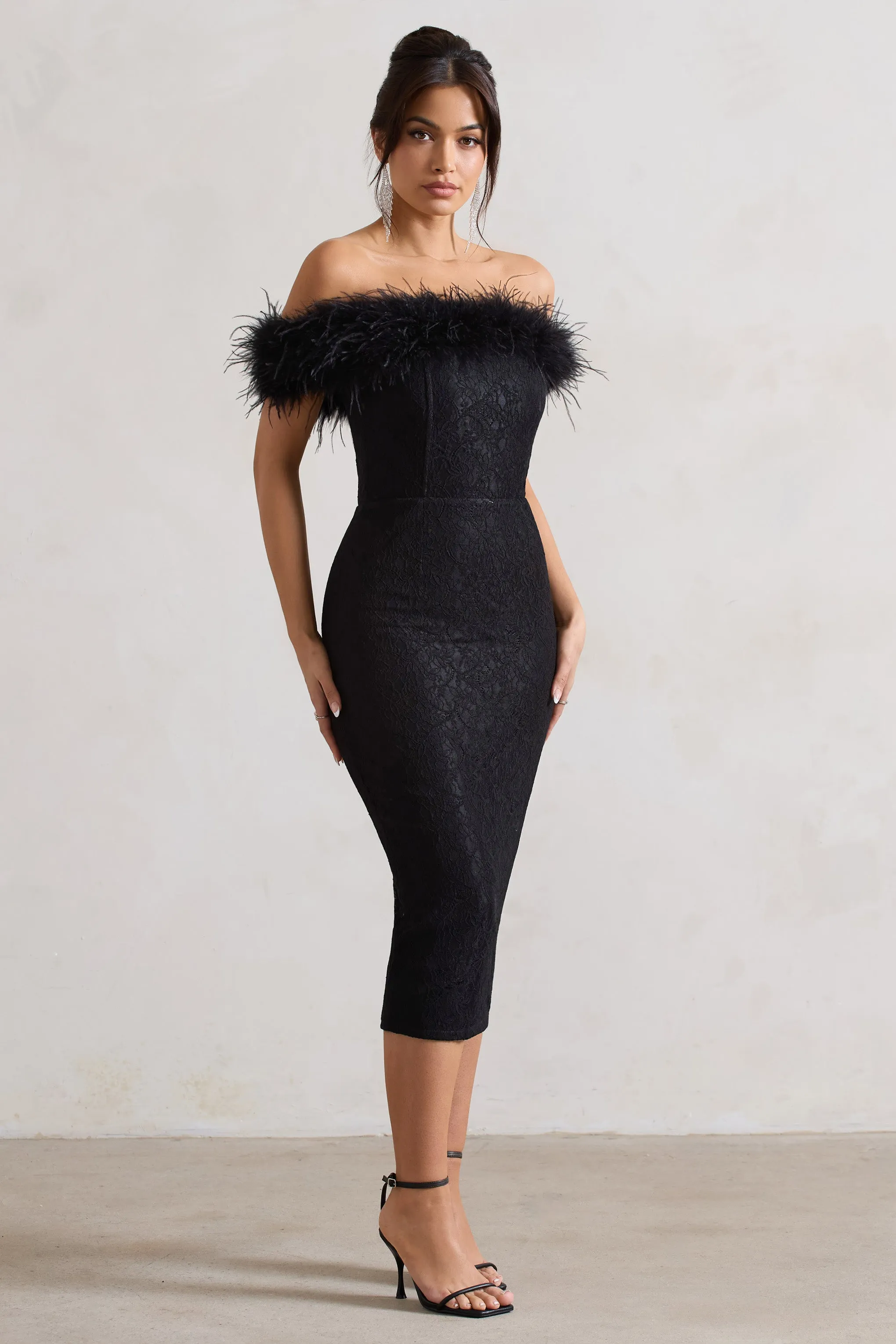 Maiden | Black Lace Bardot Midi Dress With Feather Trim Club L London