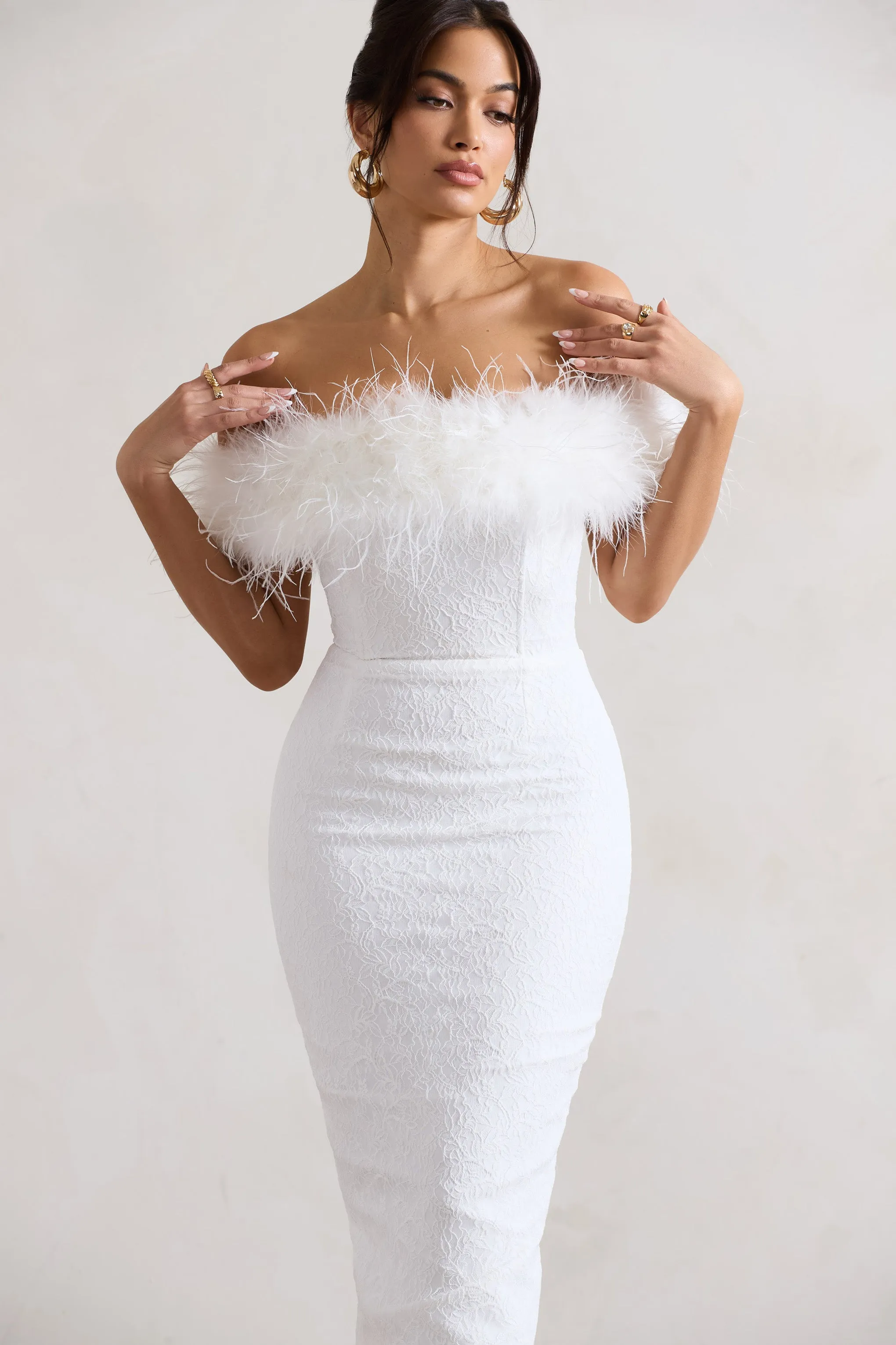 Maiden | White Lace Bardot Midi Dress With Feather Trim Club L London
