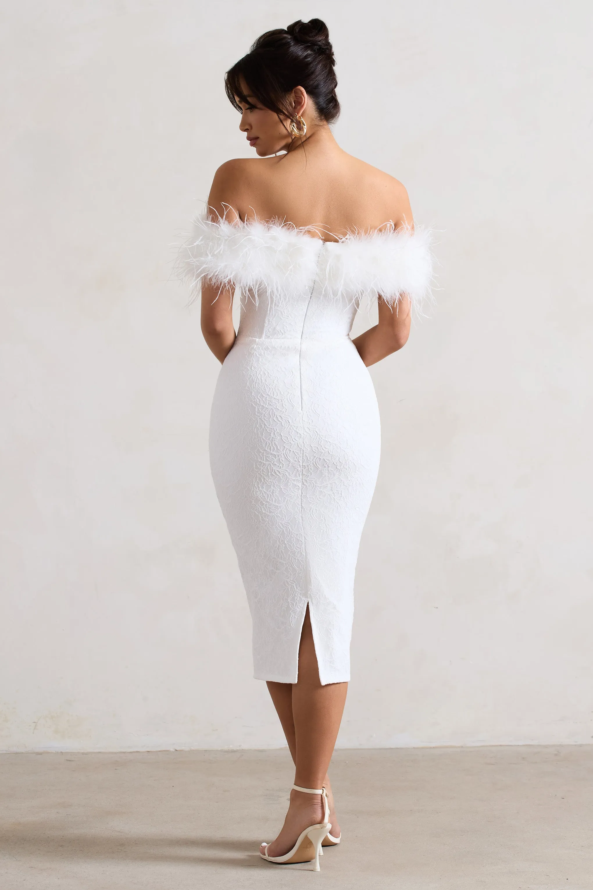 Maiden | White Lace Bardot Midi Dress With Feather Trim Club L London