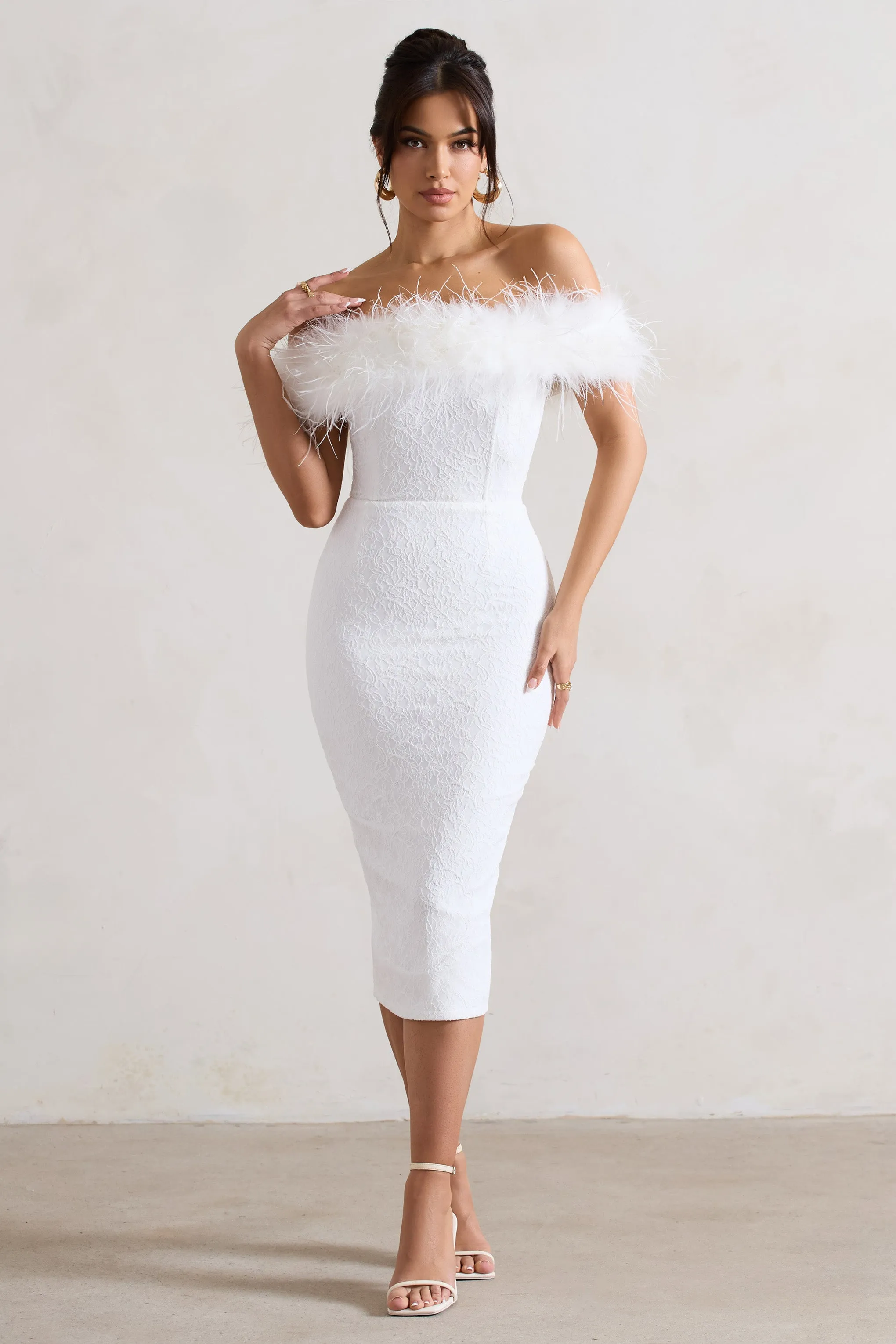 Maiden | White Lace Bardot Midi Dress With Feather Trim Club L London