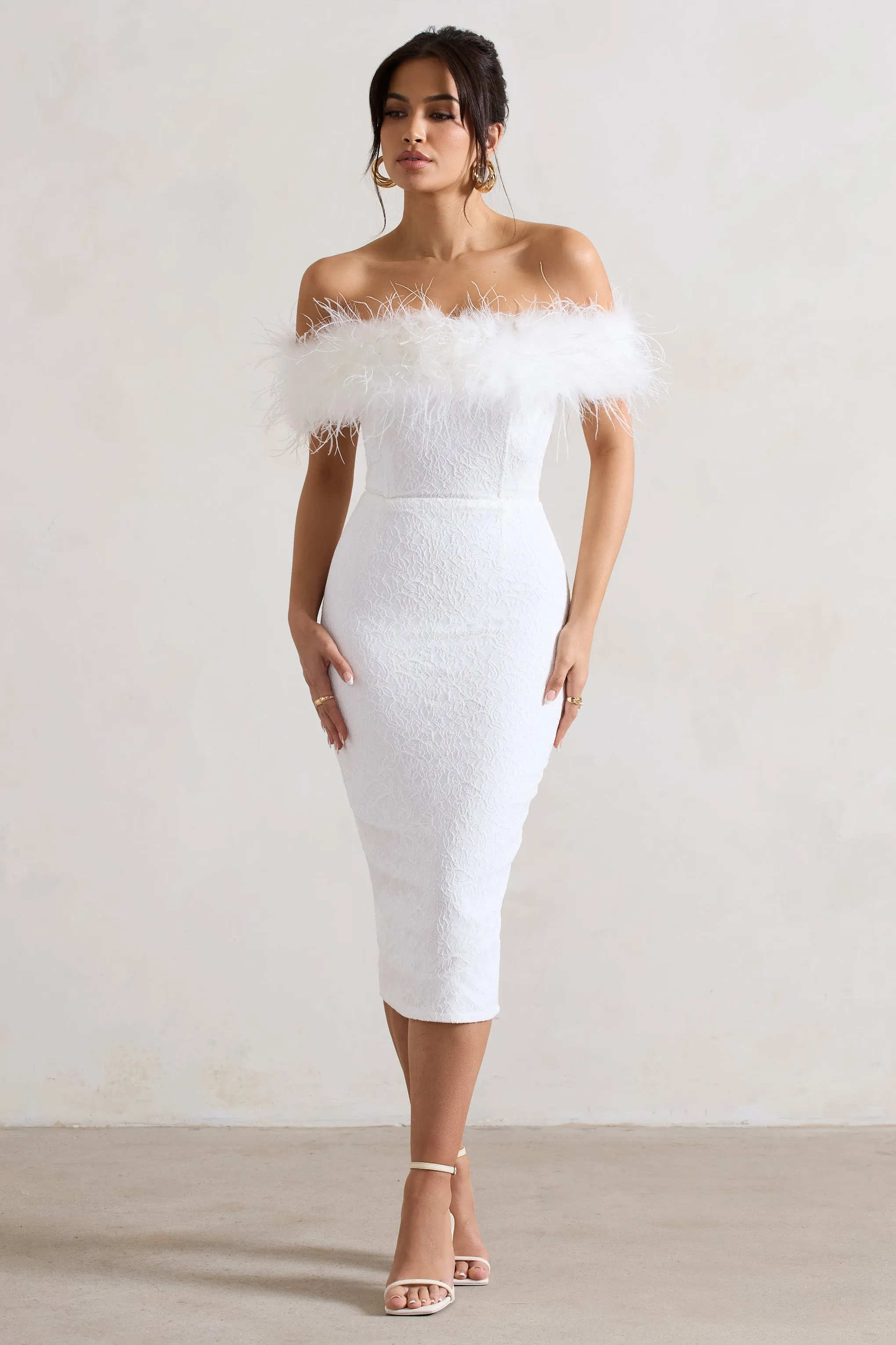Maiden | White Lace Bardot Midi Dress With Feather Trim Club L London