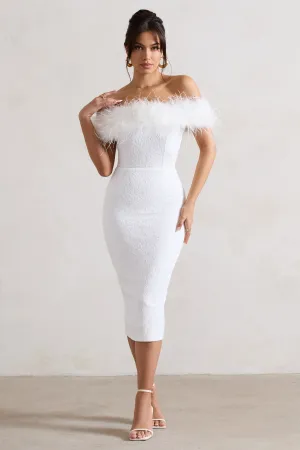 Maiden | White Lace Bardot Midi Dress With Feather Trim Club L London