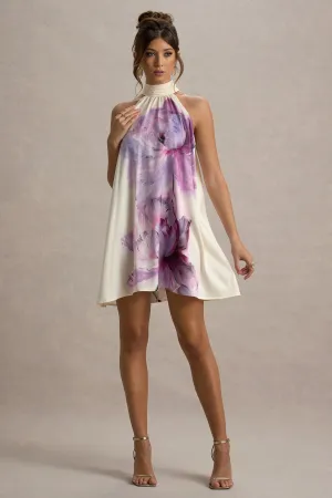 Maisie | Pink Floral Print High-Neck A-Line Mini Dress With Bow Club L London