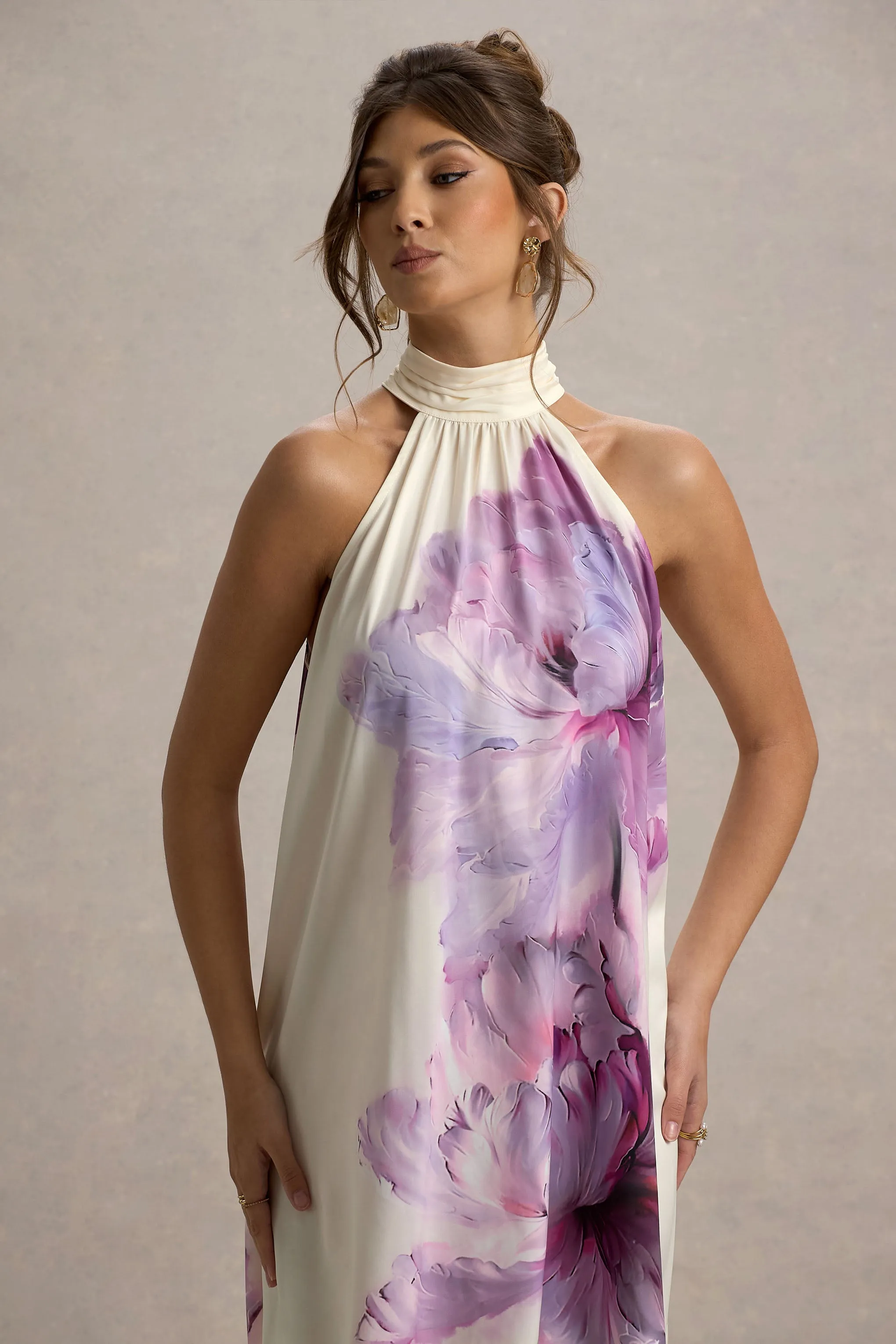 Maisie | Pink Floral Print High-Neck A-Line Mini Dress With Bow Club L London