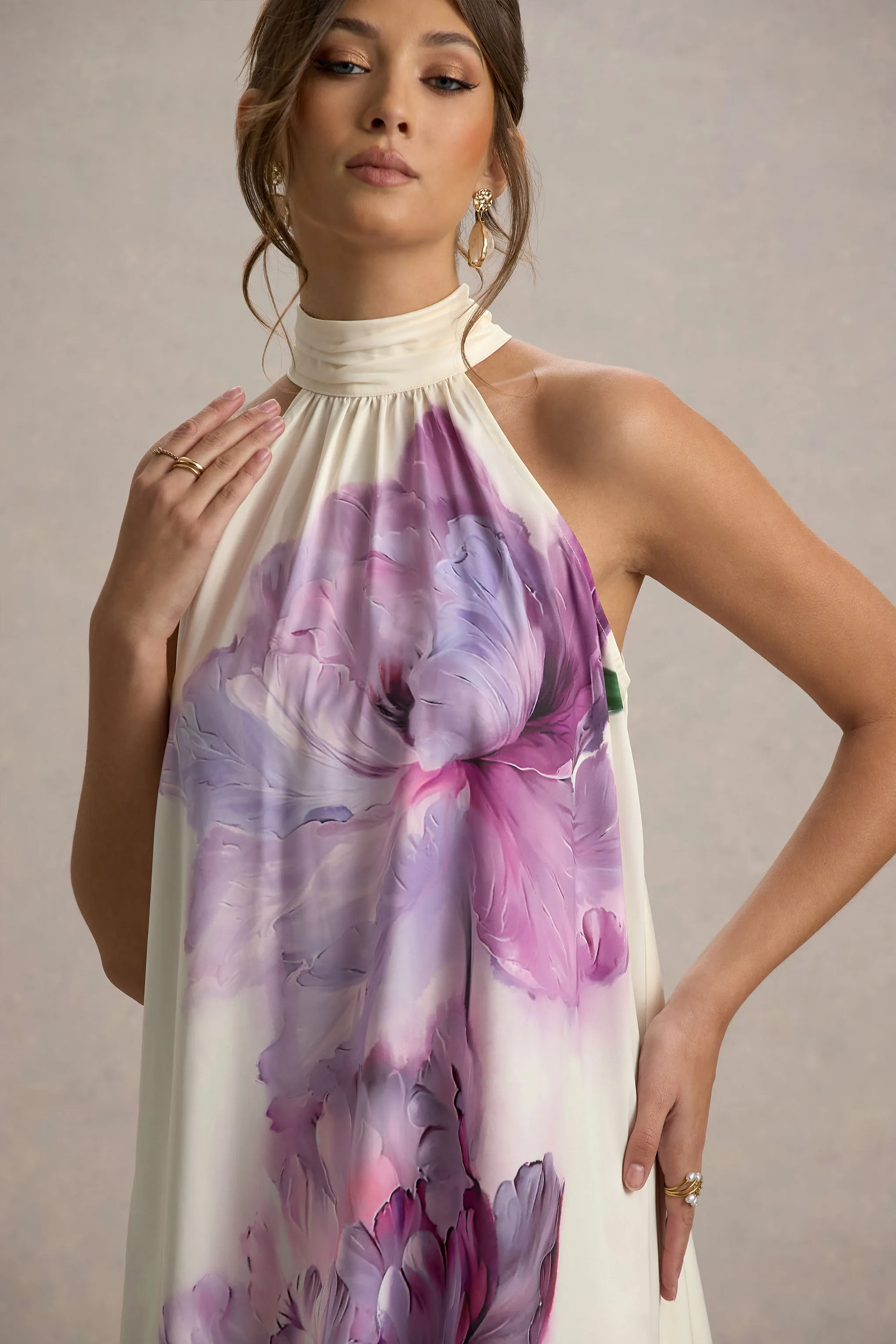 Maisie | Pink Floral Print High-Neck A-Line Mini Dress With Bow Club L London