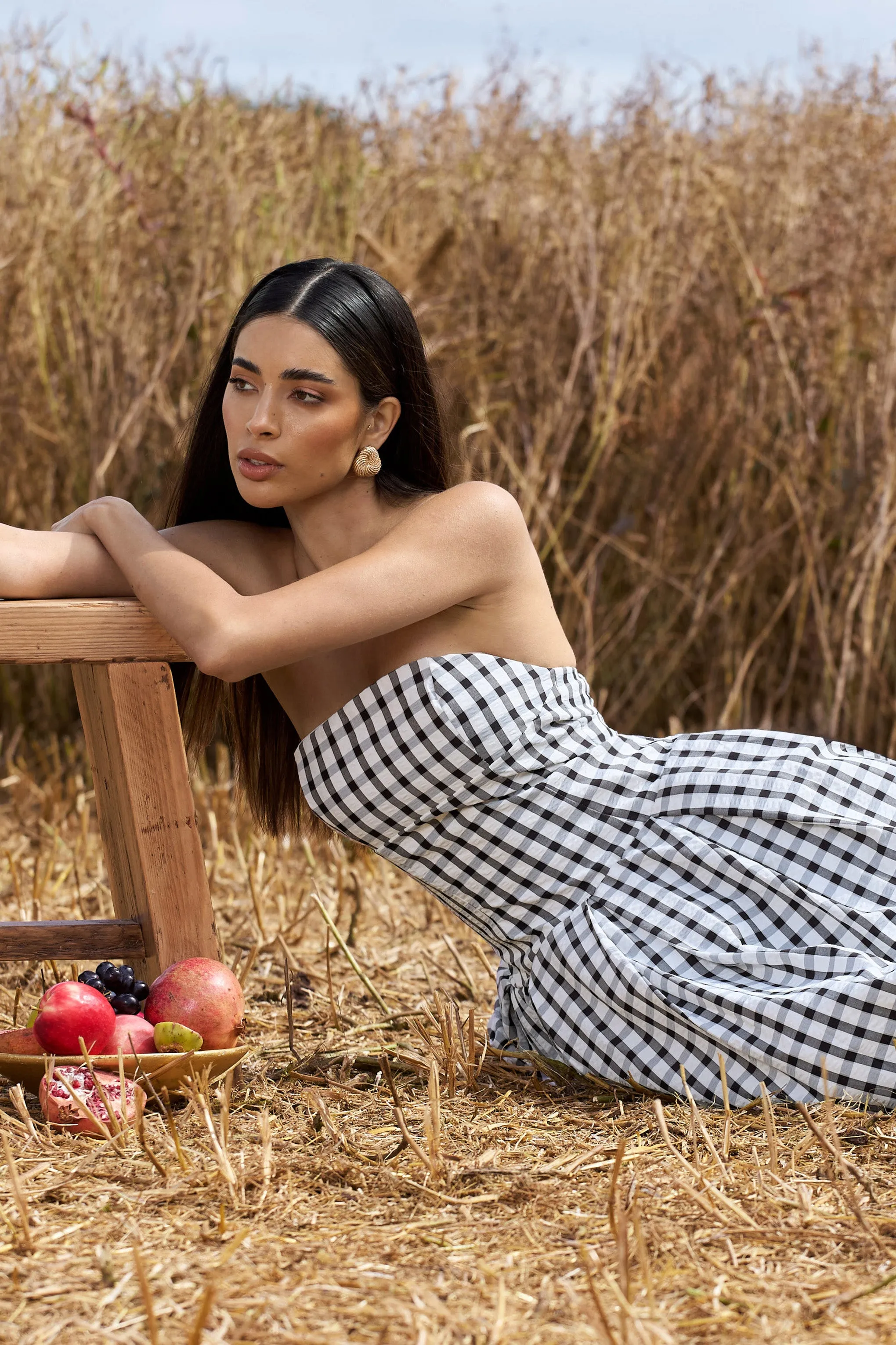 Maisy | Black & White Gingham Strapless Maxi Dress Club L London